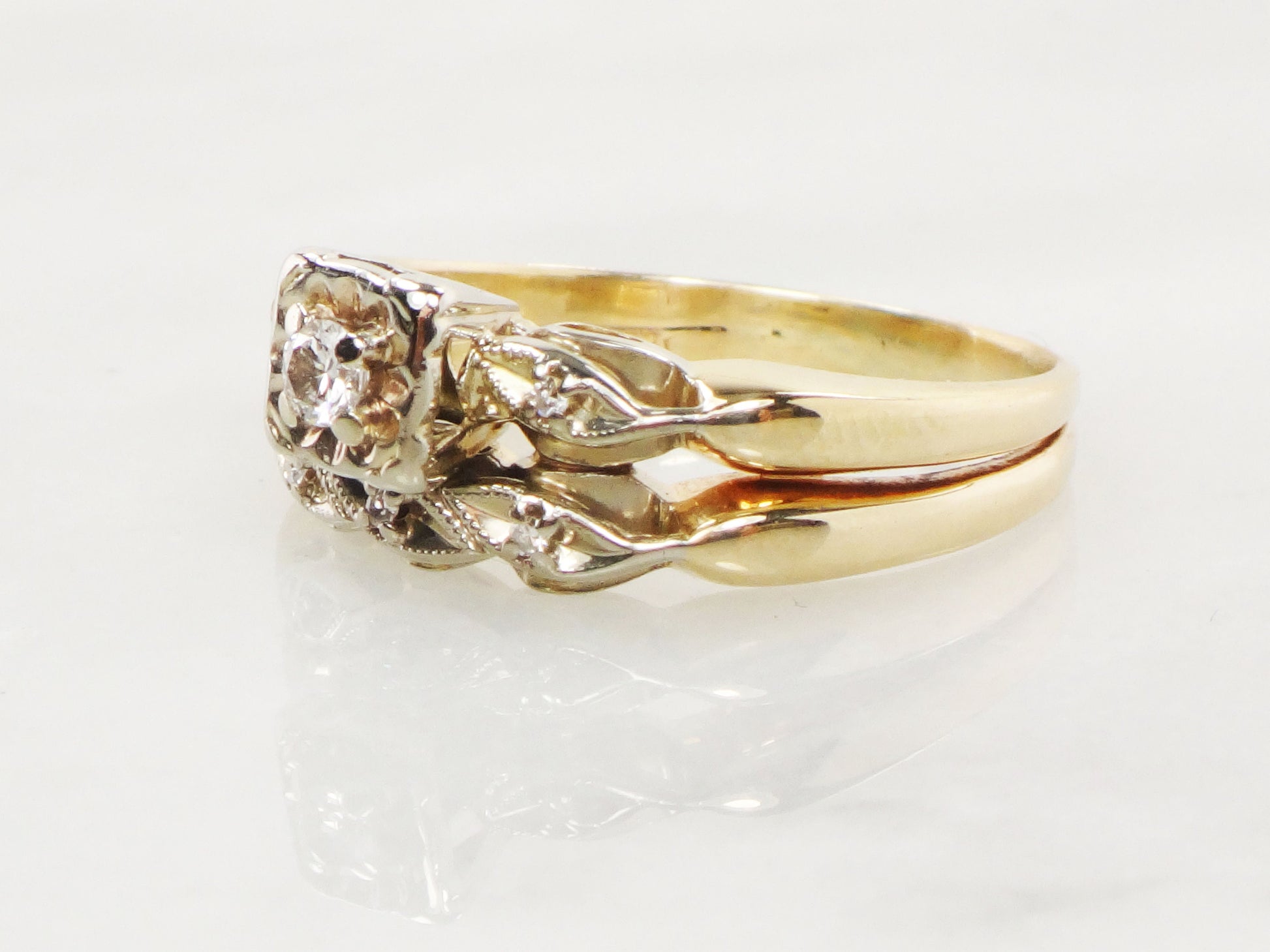 Vintage Diamond Engagement Ring Set: Attached 14k Gold Wedding Band, Size 8.25