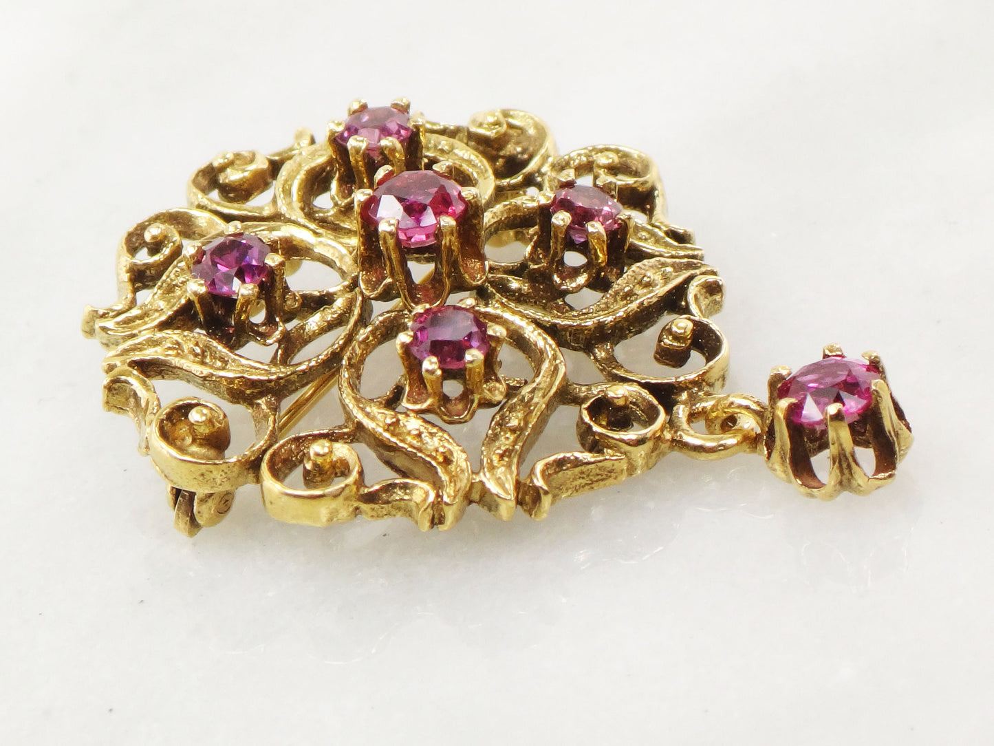 Vintage Large 14k Yellow Gold Ruby Pendant Pin - Red Stone Pendant with Dangle - July Birthstone Brooch