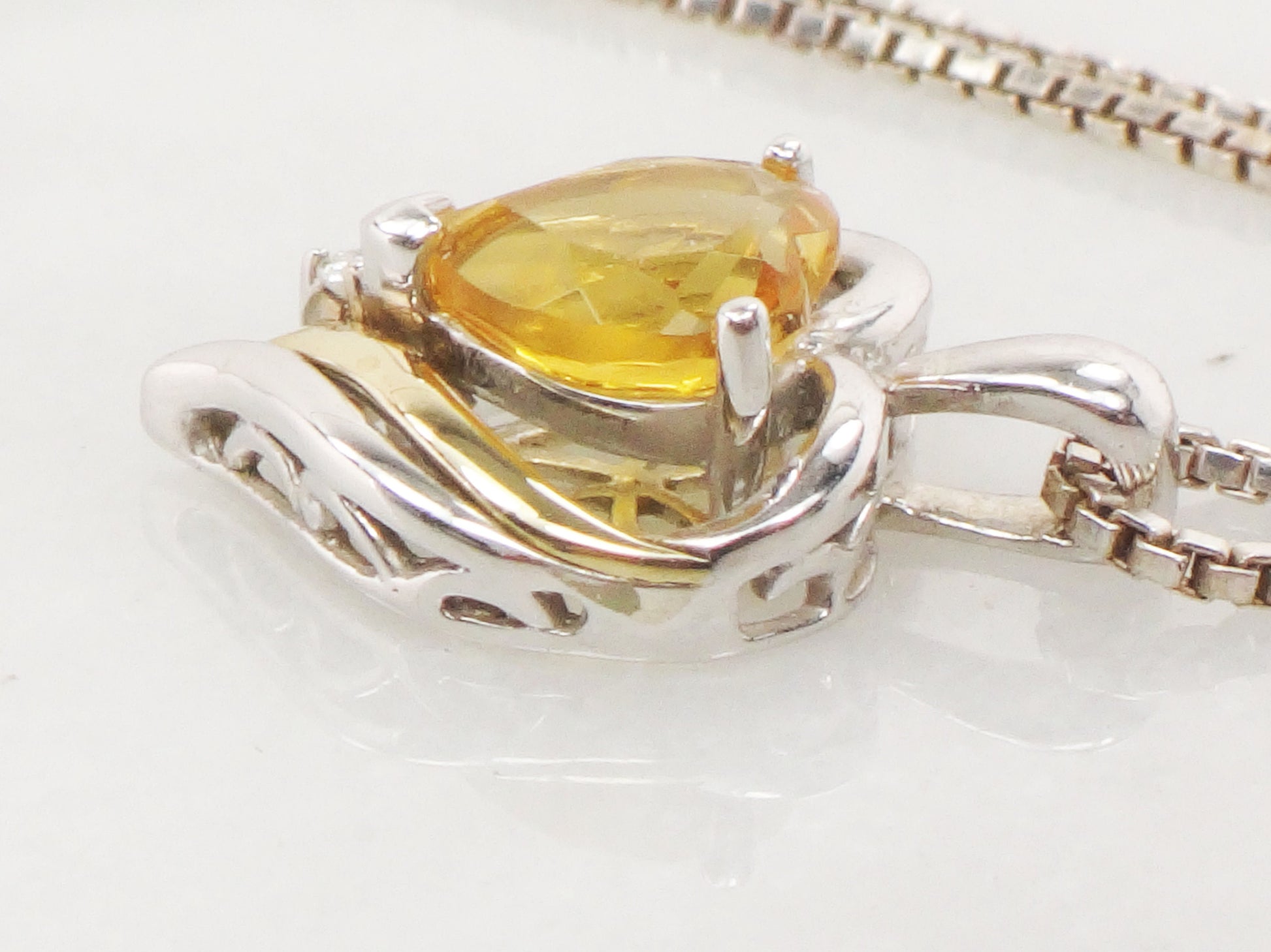Vintage Sterling Silver & 14k Gold Citrine and Diamond Pendant Necklace, Silver and Gold Heart Necklace, 18" Box Chain