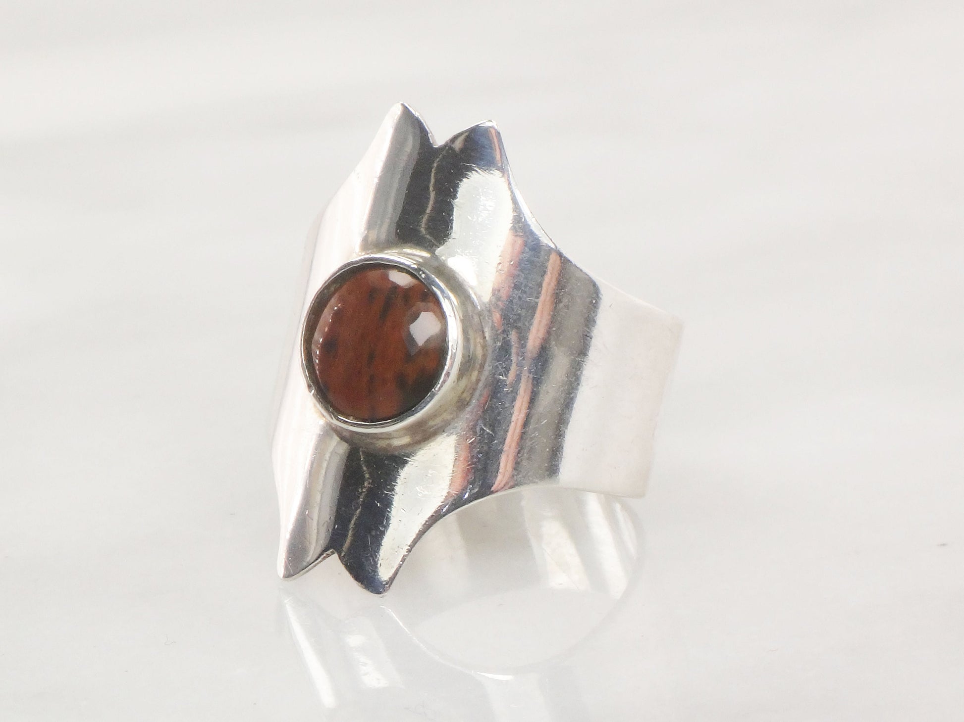 Modernist Wide Silver Brown Stone Ring Spiny Oyster ? 950 Silver Ring Size 9 1/2