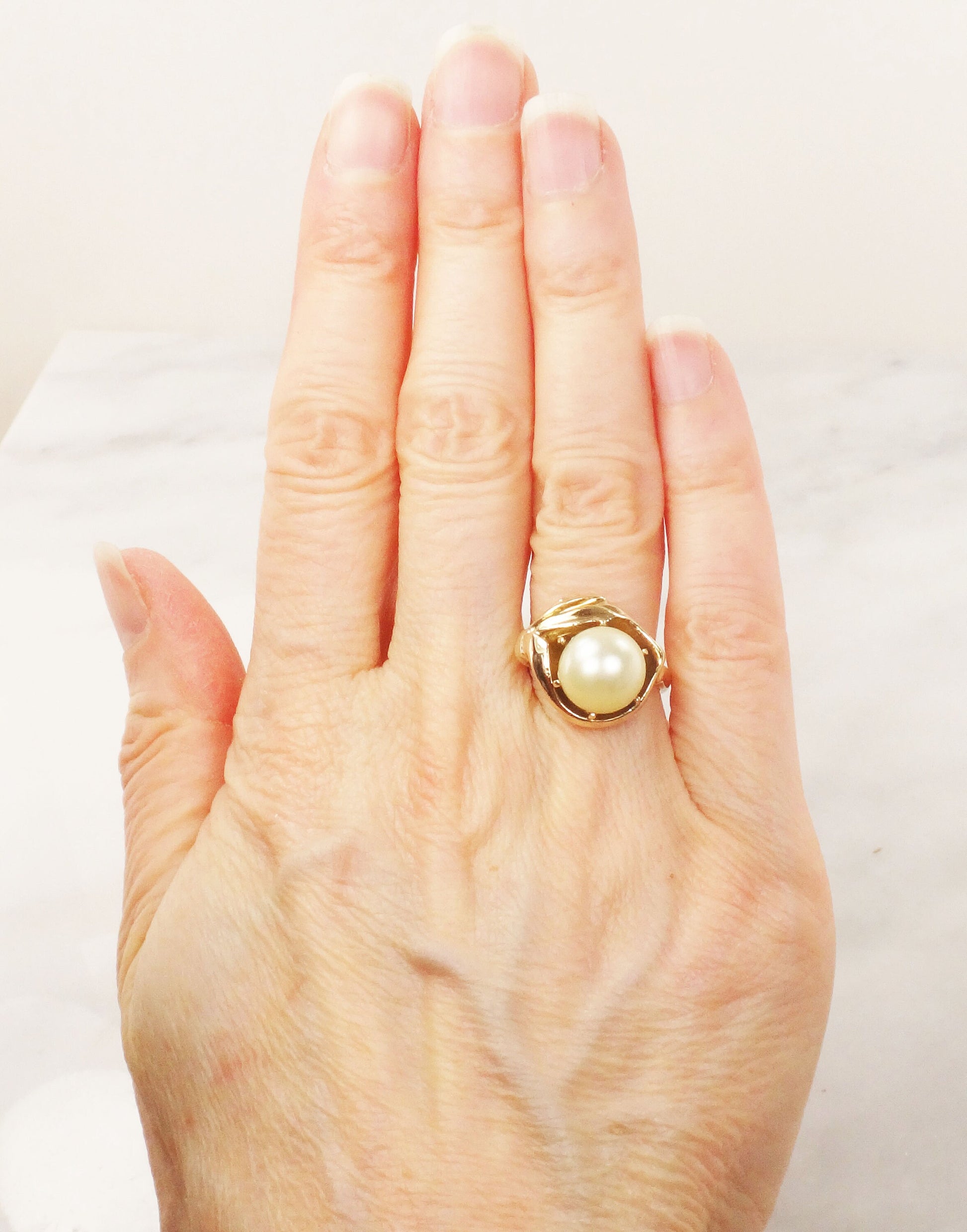 Vintage Yellow Gold Cultured Pearl Ring: Floral Bridal Jewelry, 9.8 MM, Size 5