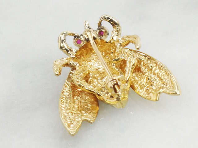 Vintage 14k Gold Bee Pendant Pin: Diamond & Ruby Bumble Bee