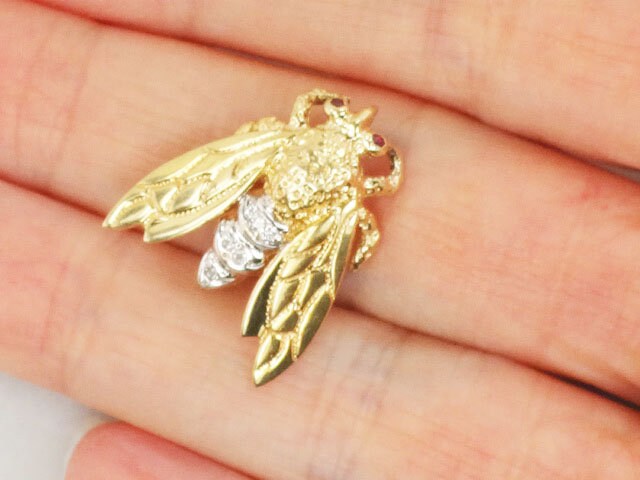 Vintage 14k Gold Bee Pendant Pin: Diamond & Ruby Bumble Bee
