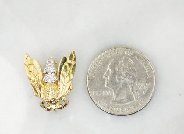 Vintage 14k Gold Bee Pendant Pin: Diamond & Ruby Bumble Bee