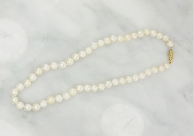 Vintage Saltwater Pearl Choker: 14k Gold Clasp, 7mm Pearls, 15.5"
