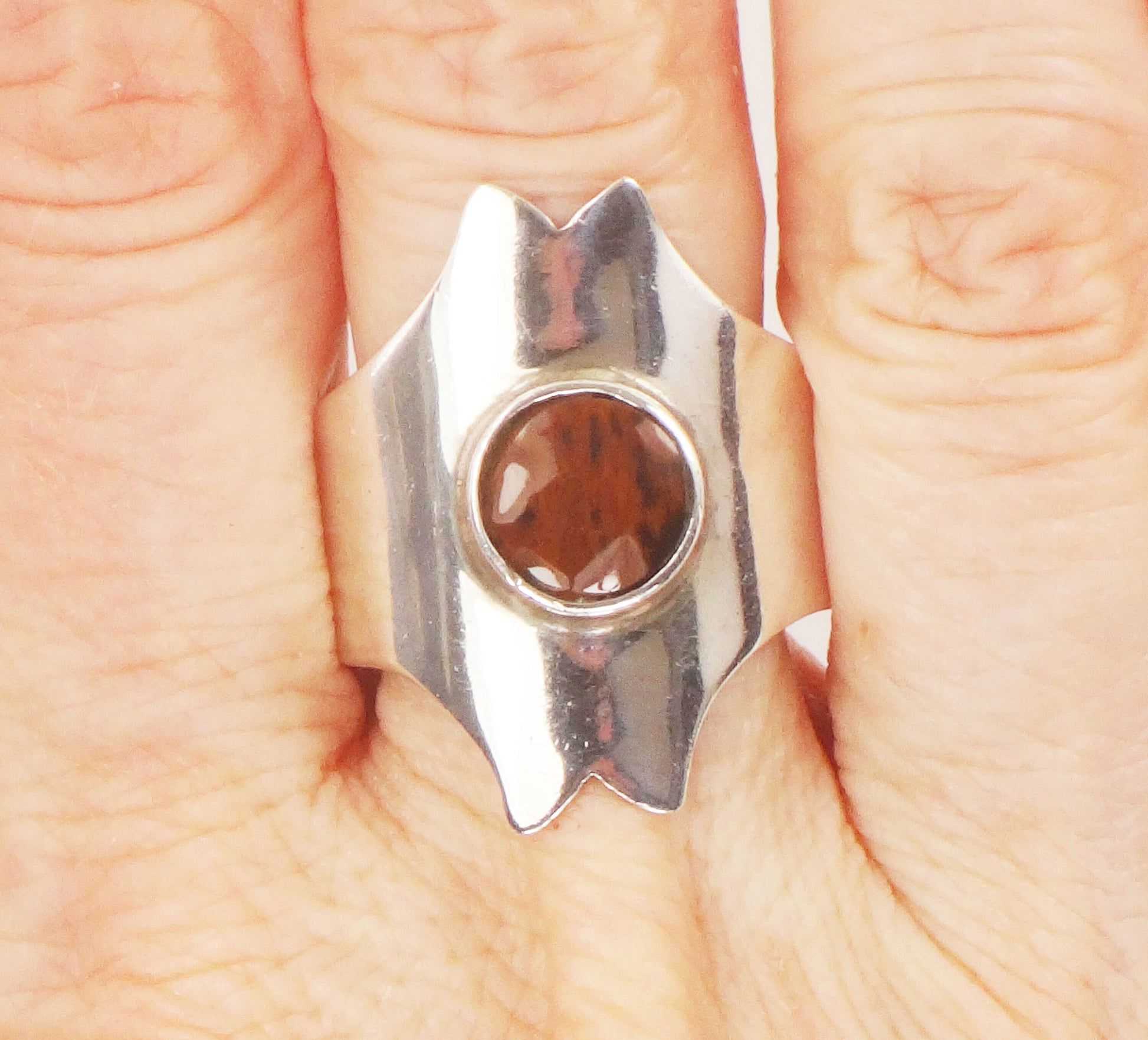 Modernist Wide Silver Brown Stone Ring Spiny Oyster ? 950 Silver Ring Size 9 1/2