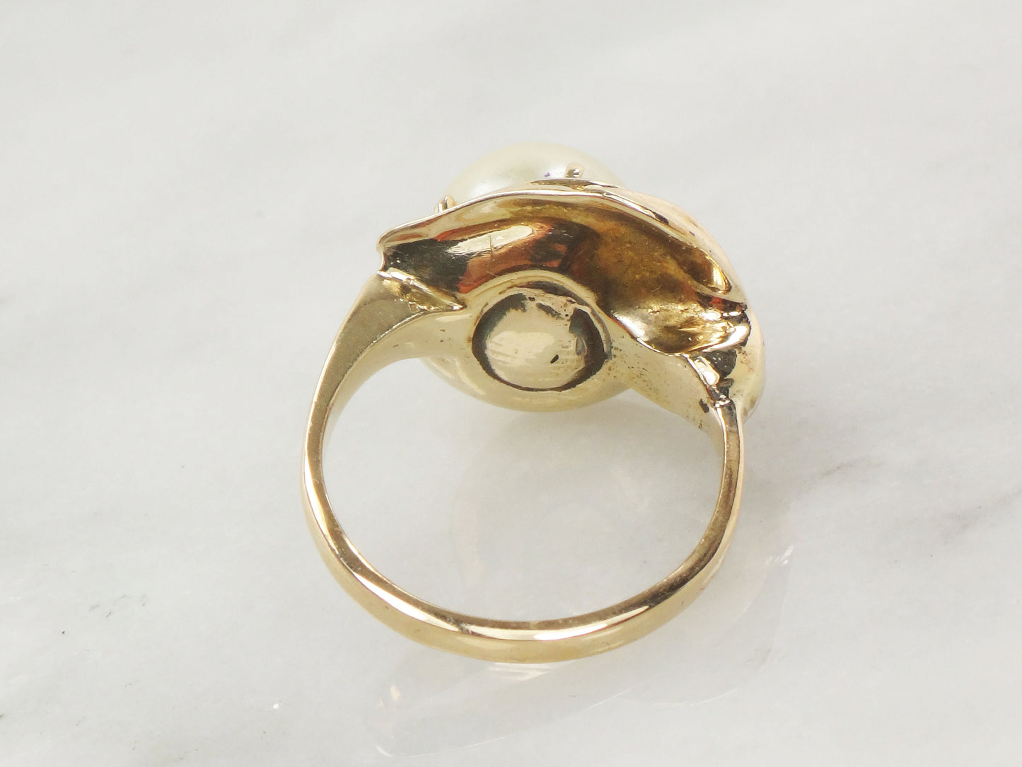 Vintage Yellow Gold Cultured Pearl Ring: Floral Bridal Jewelry, 9.8 MM, Size 5