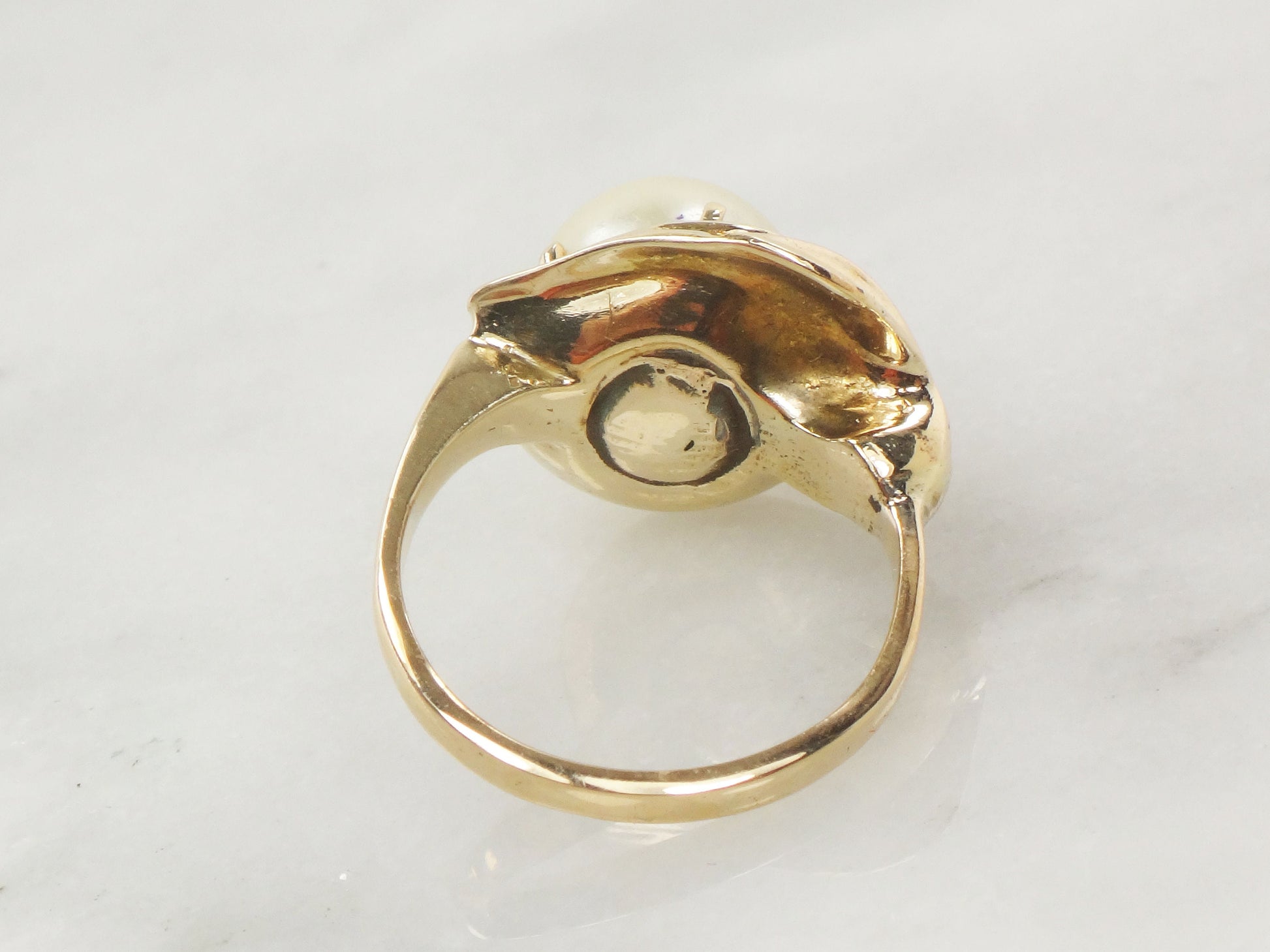 Vintage Yellow Gold Cultured Pearl Ring: Floral Bridal Jewelry, 9.8 MM, Size 5