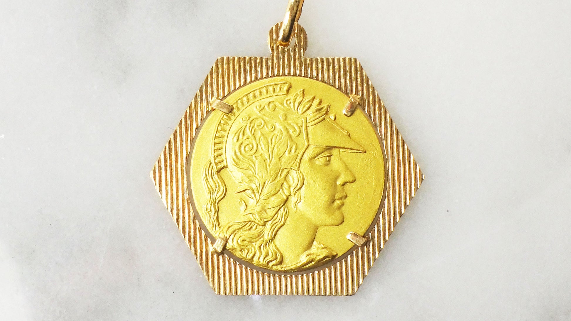 Solid 18k Yellow Gold Roman Goddess Minerva Pendant, Italian Gold Athena Figural Medal or Charm