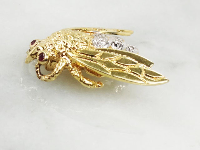 Vintage 14k Gold Bee Pendant Pin: Diamond & Ruby Bumble Bee