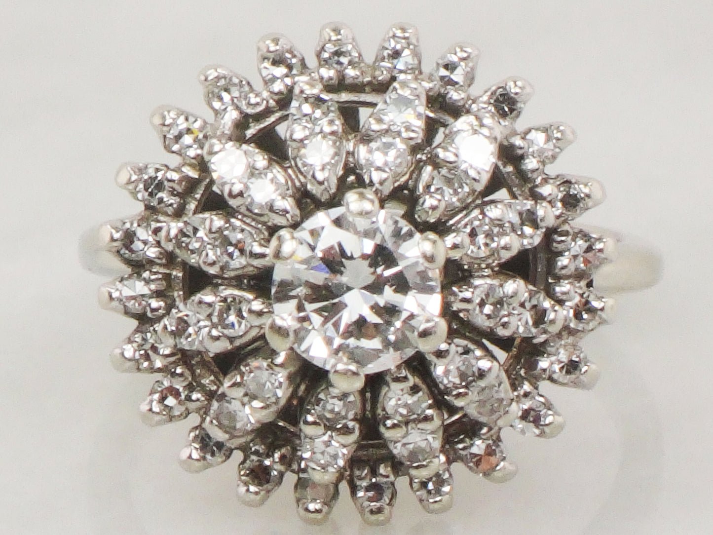 Vintage 14k White Gold Diamond Cluster Ring: Mid-Century Floral Design, Size 5.5