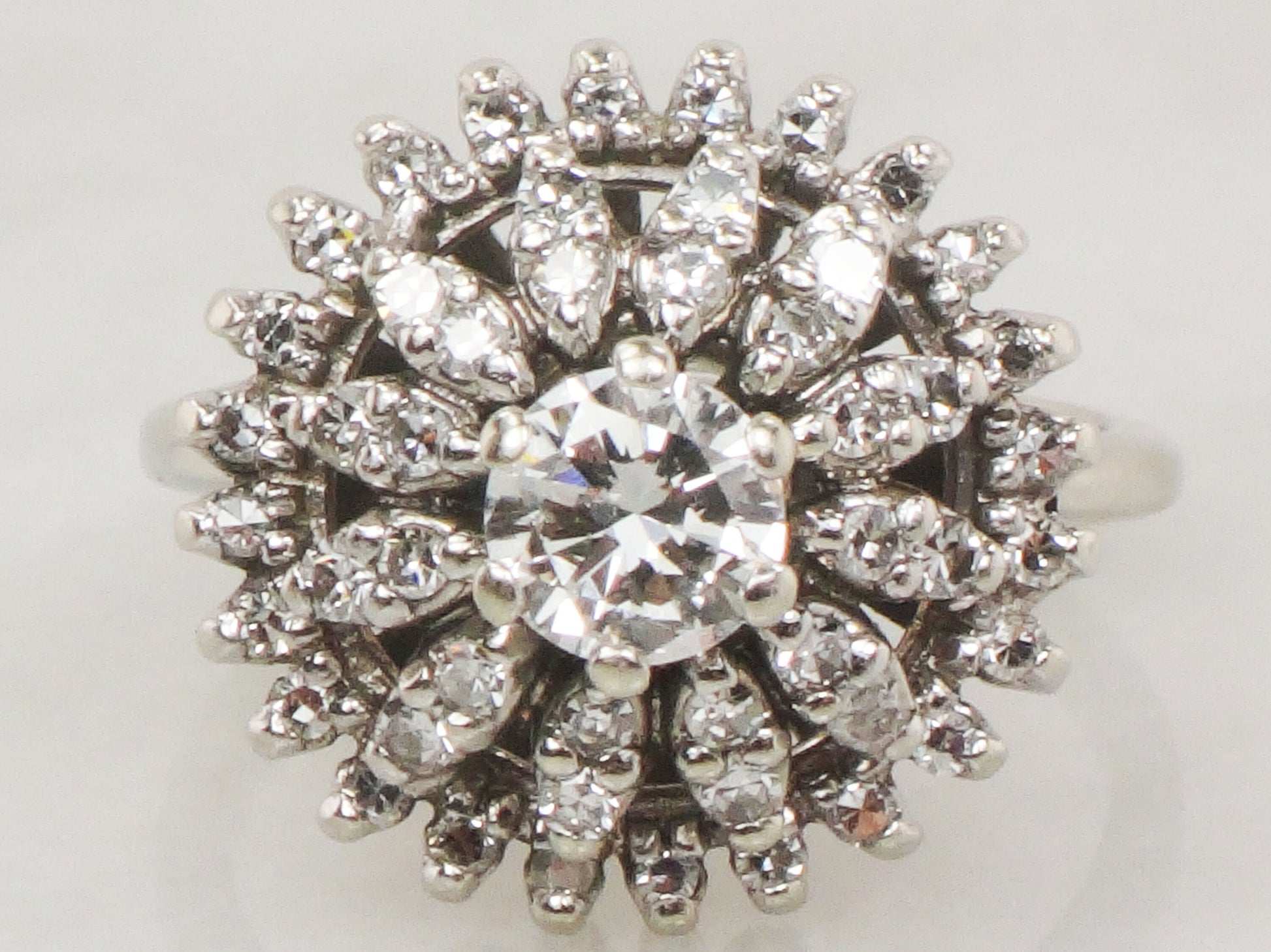 Vintage 14k White Gold Diamond Cluster Ring: Mid-Century Floral Design, Size 5.5