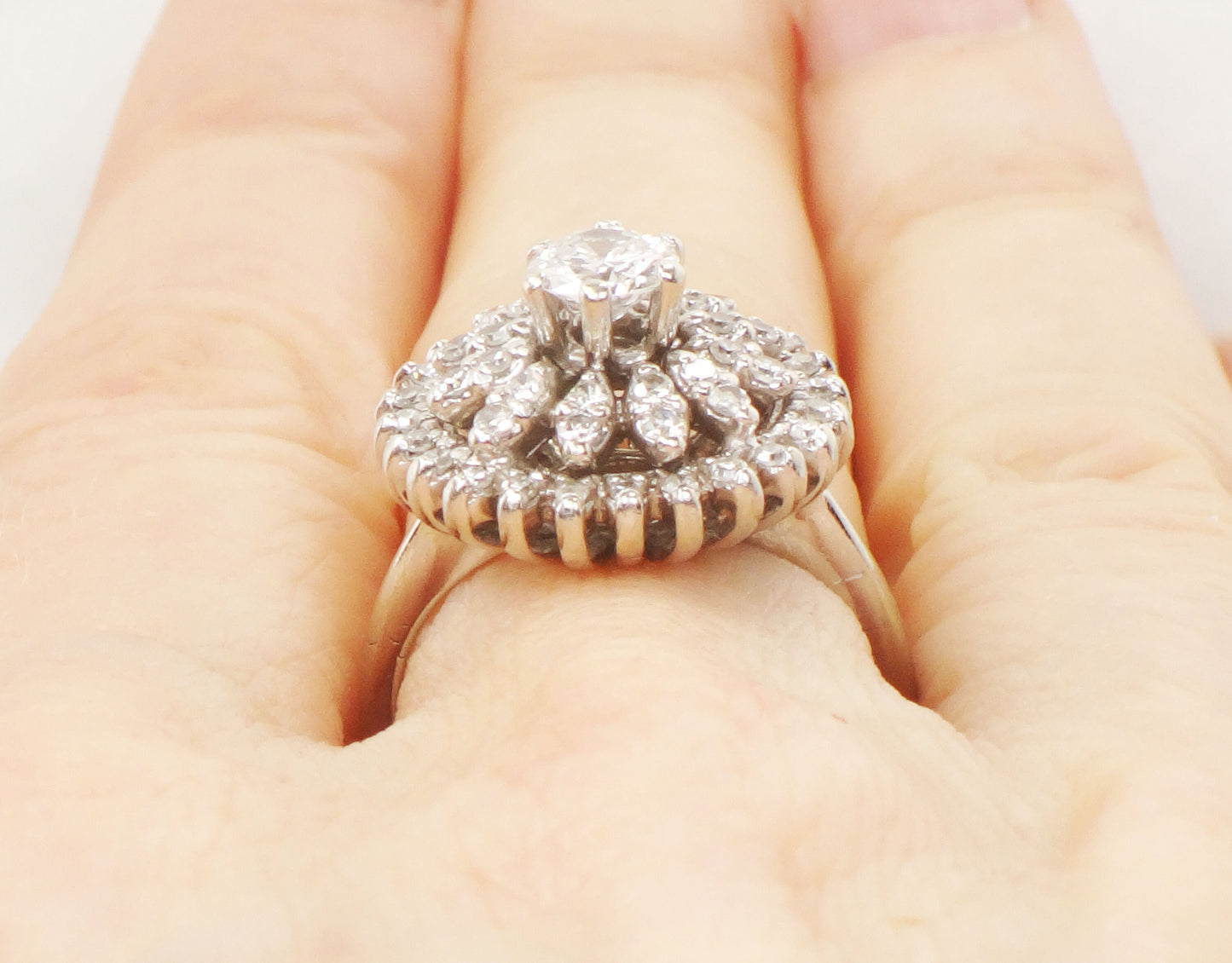 Vintage 14k White Gold Diamond Cluster Ring: Mid-Century Floral Design, Size 5.5