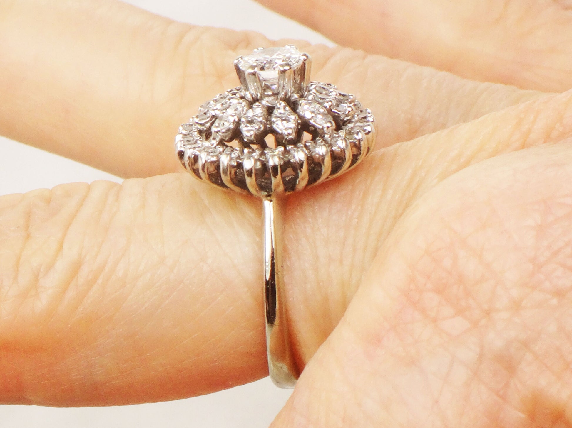 Vintage 14k White Gold Diamond Cluster Ring: Mid-Century Floral Design, Size 5.5