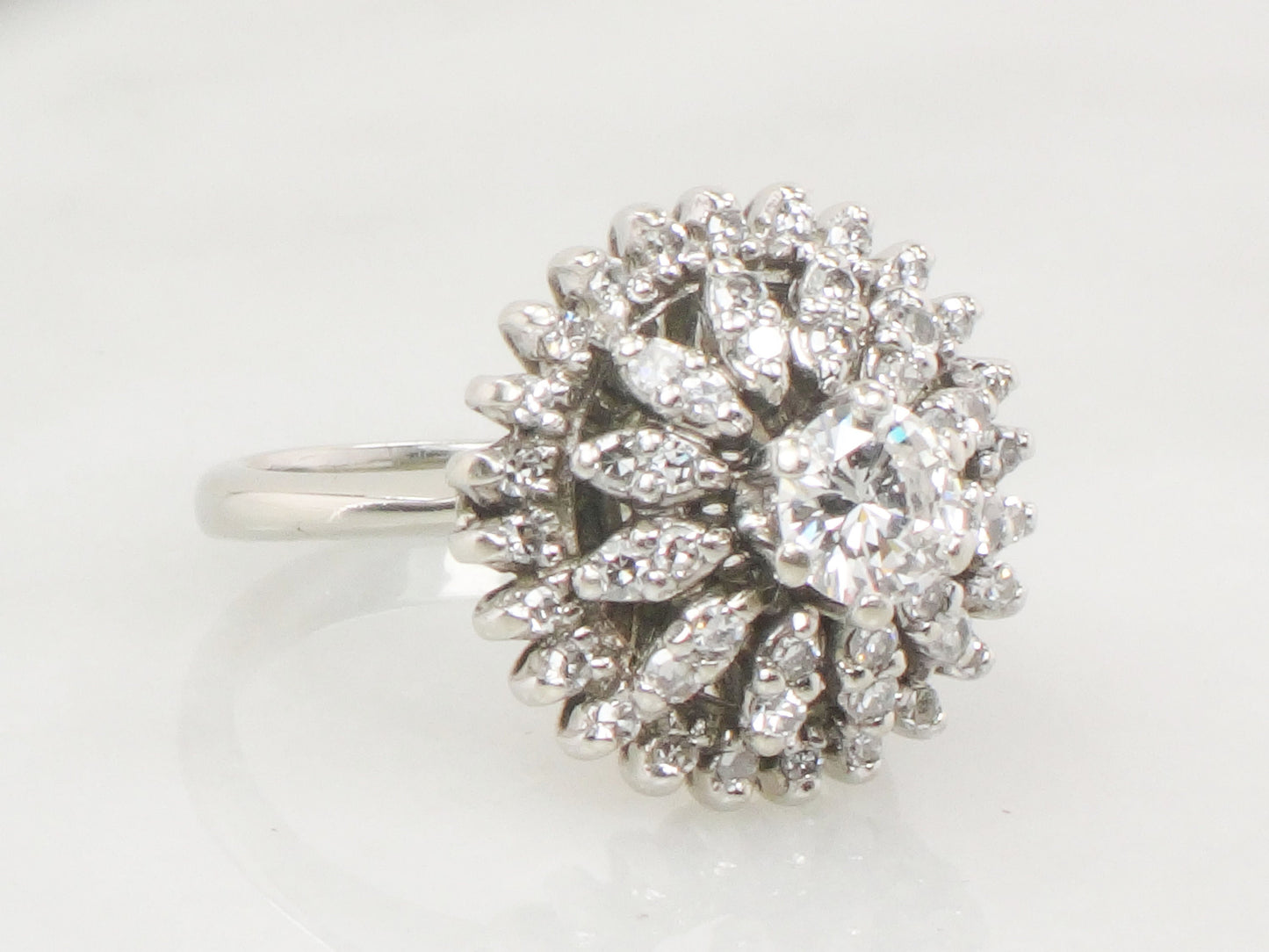 Vintage 14k White Gold Diamond Cluster Ring: Mid-Century Floral Design, Size 5.5