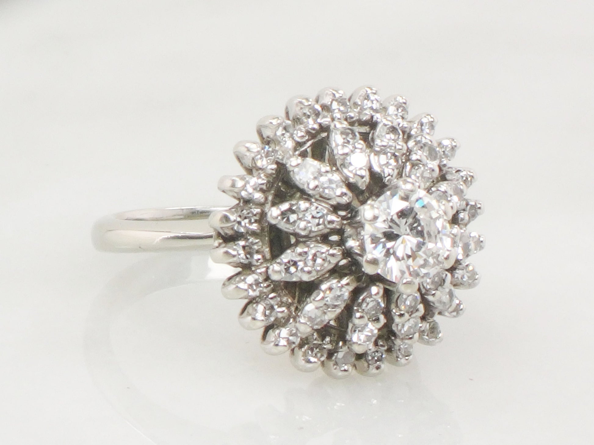 Vintage 14k White Gold Diamond Cluster Ring: Mid-Century Floral Design, Size 5.5