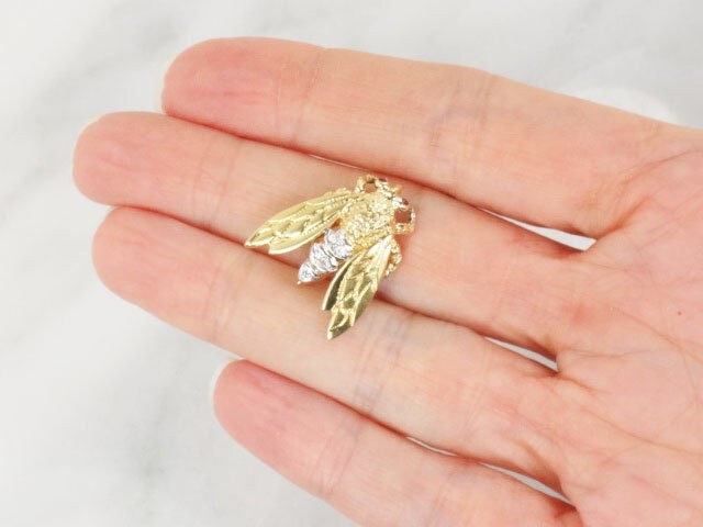 Vintage 14k Gold Bee Pendant Pin: Diamond & Ruby Bumble Bee