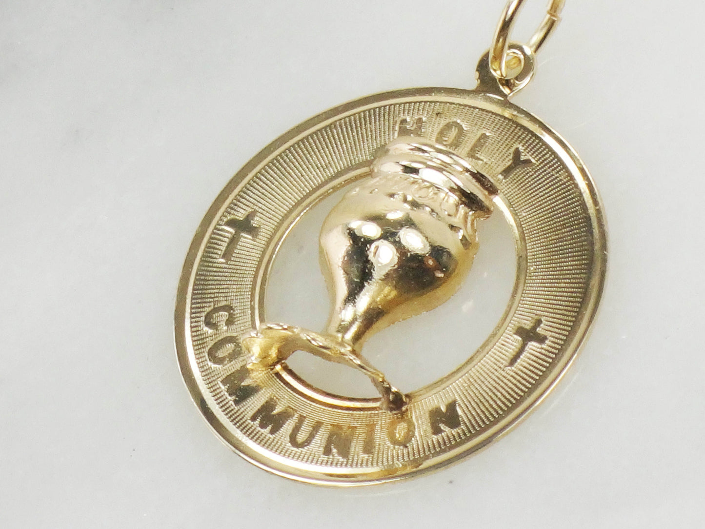 Holy Communion Charm or Pendant - Vintage Solid 14k Yellow Gold Round Christian Medal - Circa 1970's