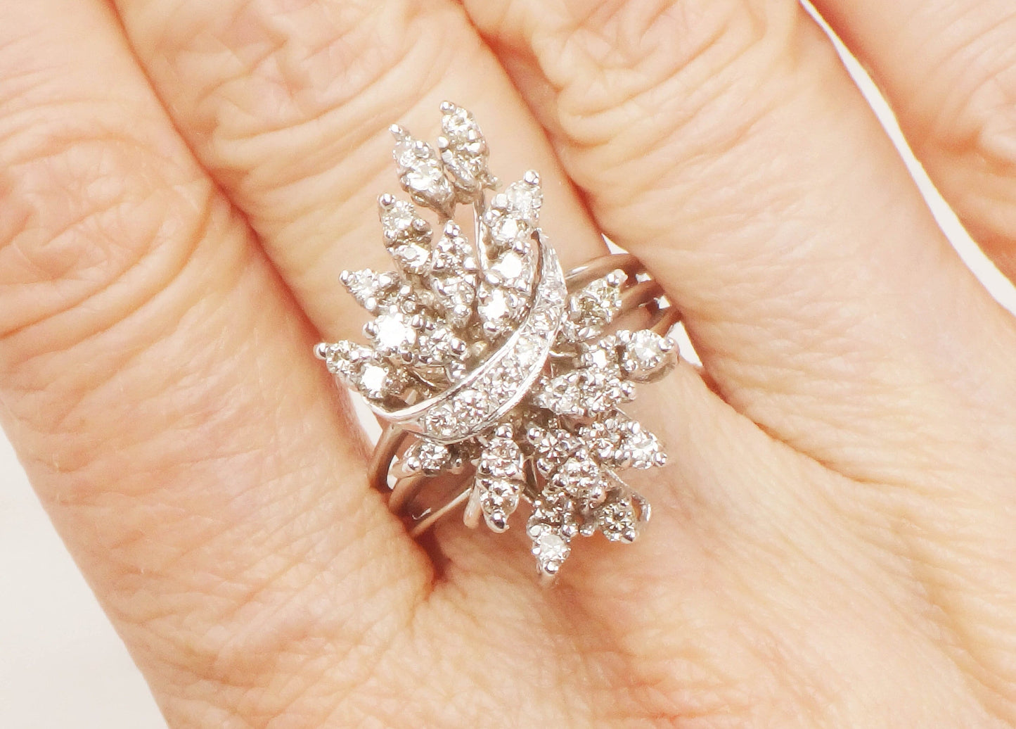 Vintage 14k White Gold Diamond Floral Ring: 1 CT TDW Cocktail Ring, Size 6.75