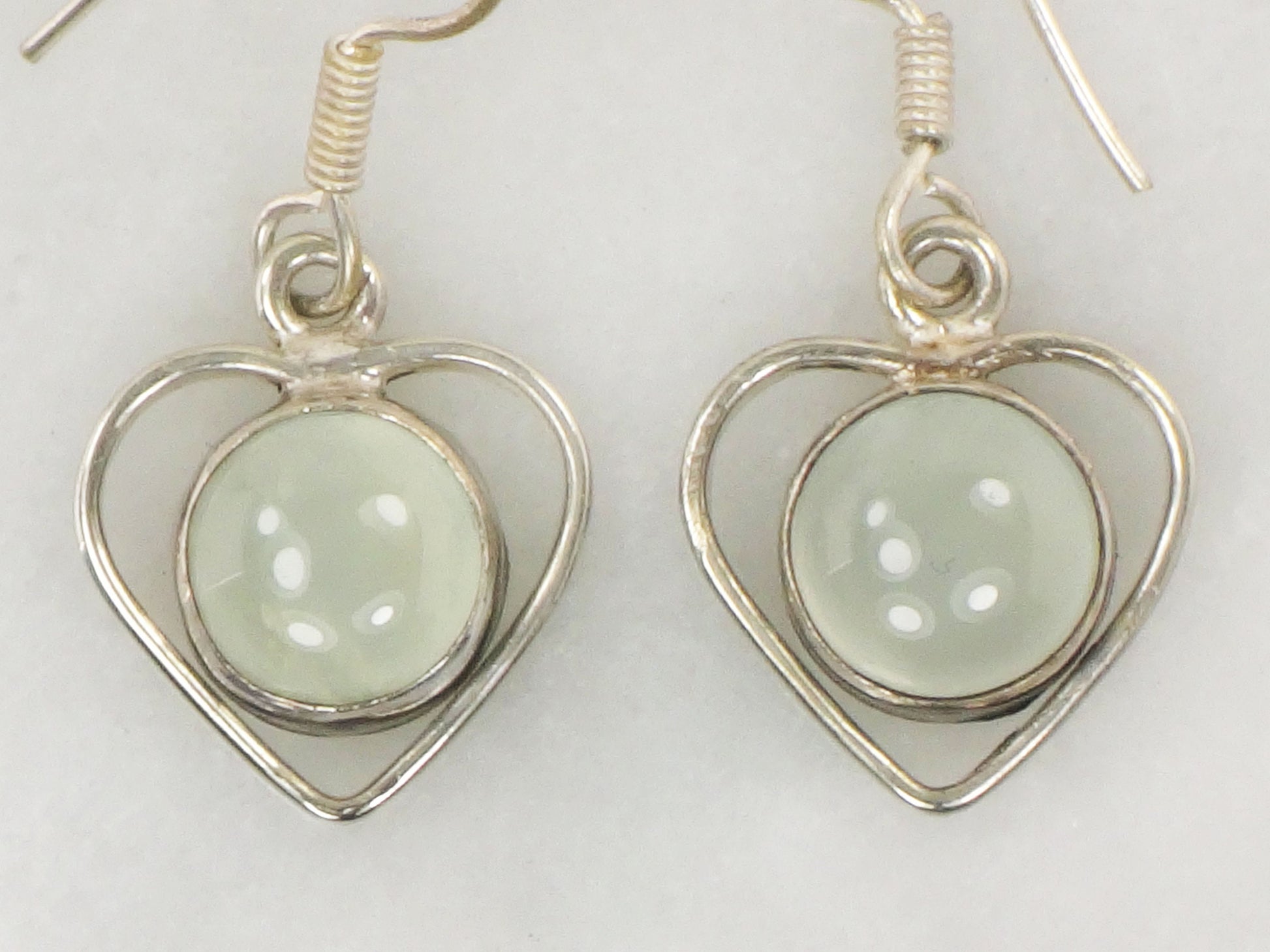 Vintage Sterling Silver Heart Dangle Earrings Earrings with Light Gray Glass Stones and Ear Wires
