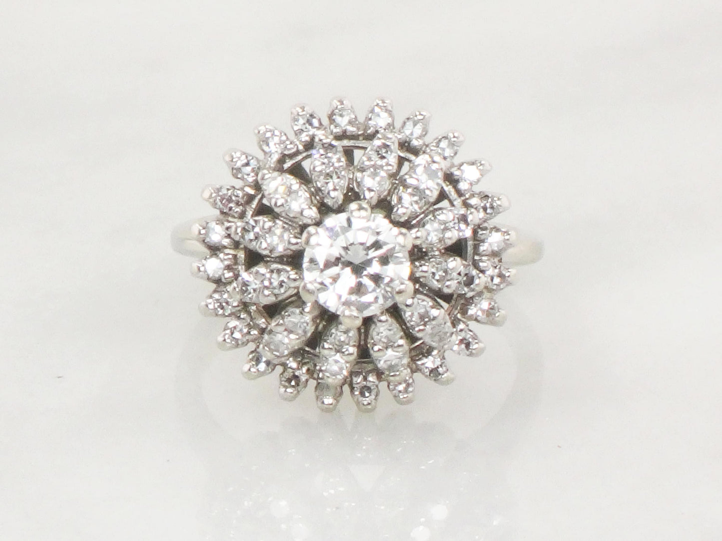 Vintage 14k White Gold Diamond Cluster Ring: Mid-Century Floral Design, Size 5.5