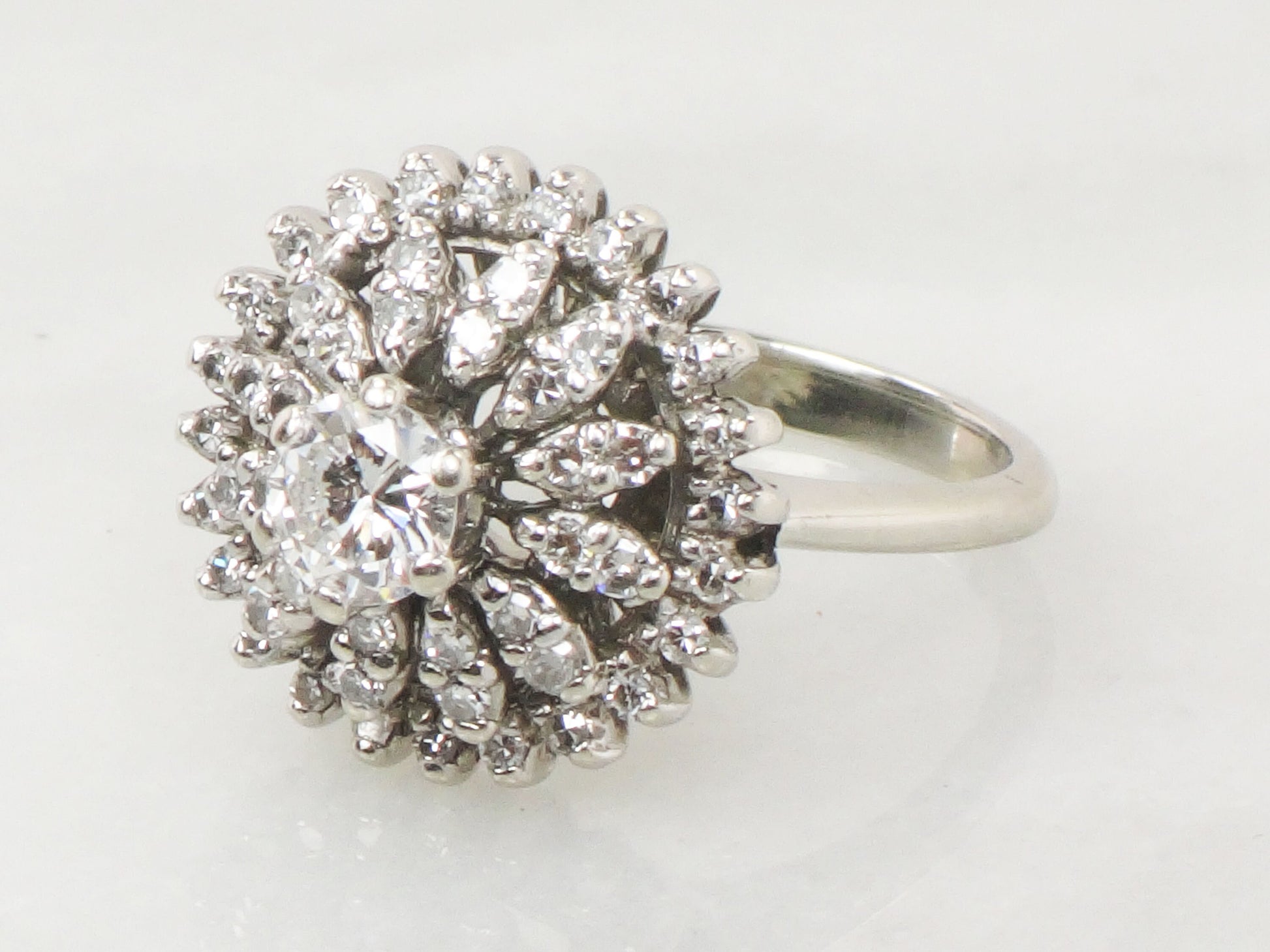Vintage 14k White Gold Diamond Cluster Ring: Mid-Century Floral Design, Size 5.5