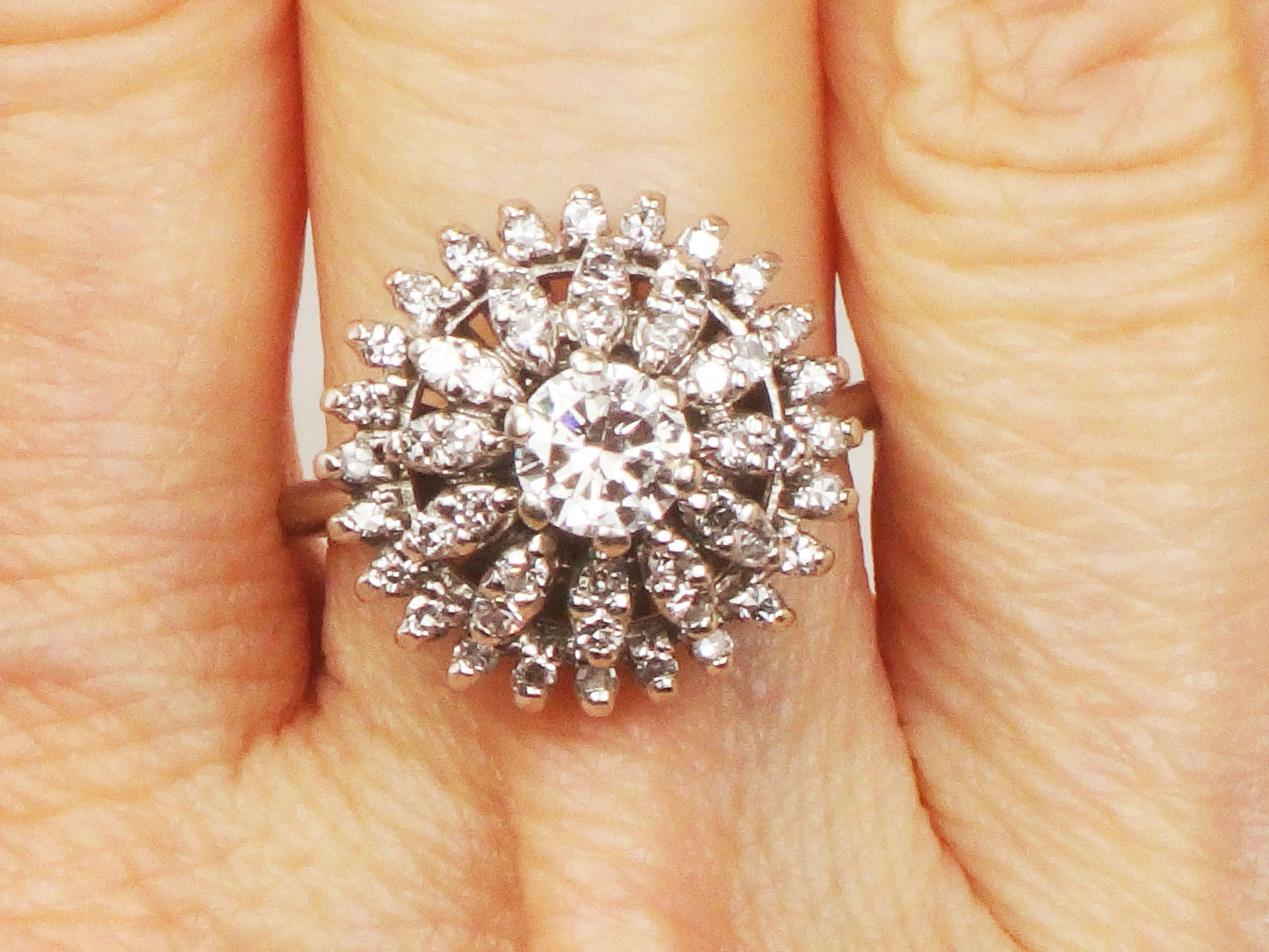 Vintage 14k White Gold Diamond Cluster Ring: Mid-Century Floral Design, Size 5.5