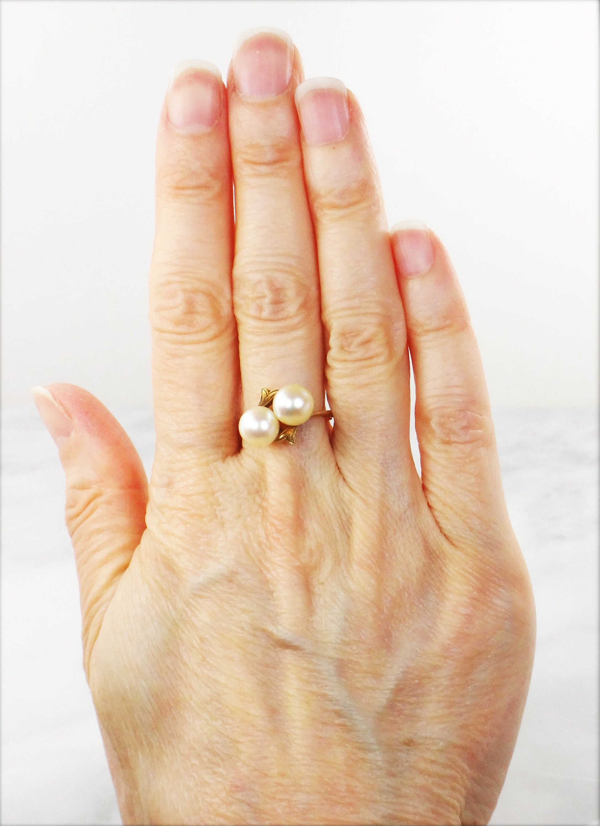 Vintage Mikimoto 14k Yellow Gold Pearl Ring - 7.5 MM Cultured Pearl Crossover Ring - Double Pearl Ring Size 6.25
