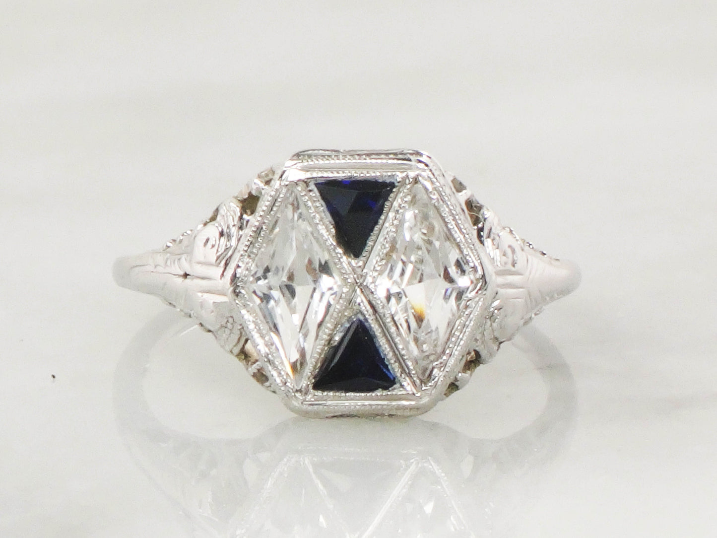 Art Deco 18k White Gold White and Blue Sapphire Ring - Filigree Ring Circa 1920's - Size 7.25