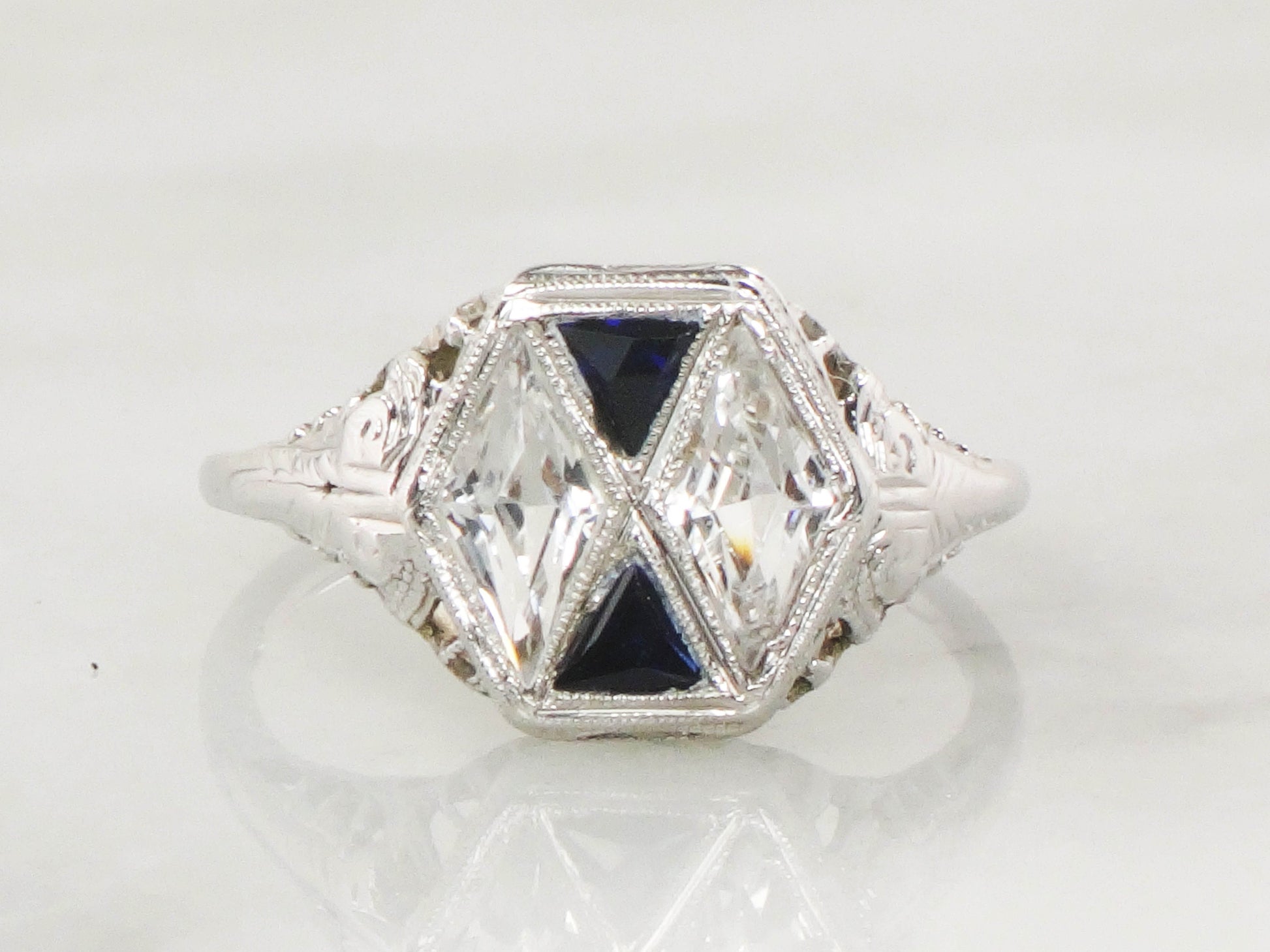 Art Deco 18k White Gold White and Blue Sapphire Ring - Filigree Ring Circa 1920's - Size 7.25