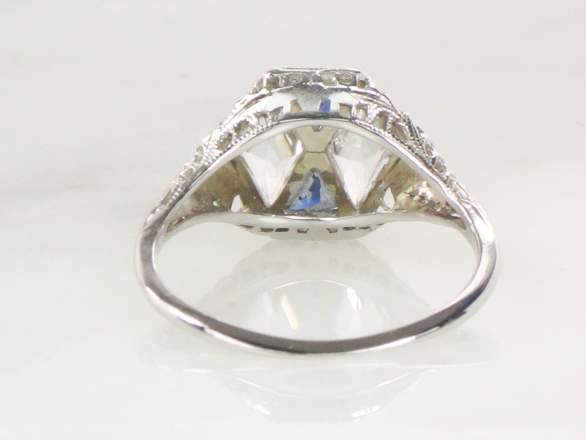 Art Deco 18k White Gold White and Blue Sapphire Ring - Filigree Ring Circa 1920's - Size 7.25
