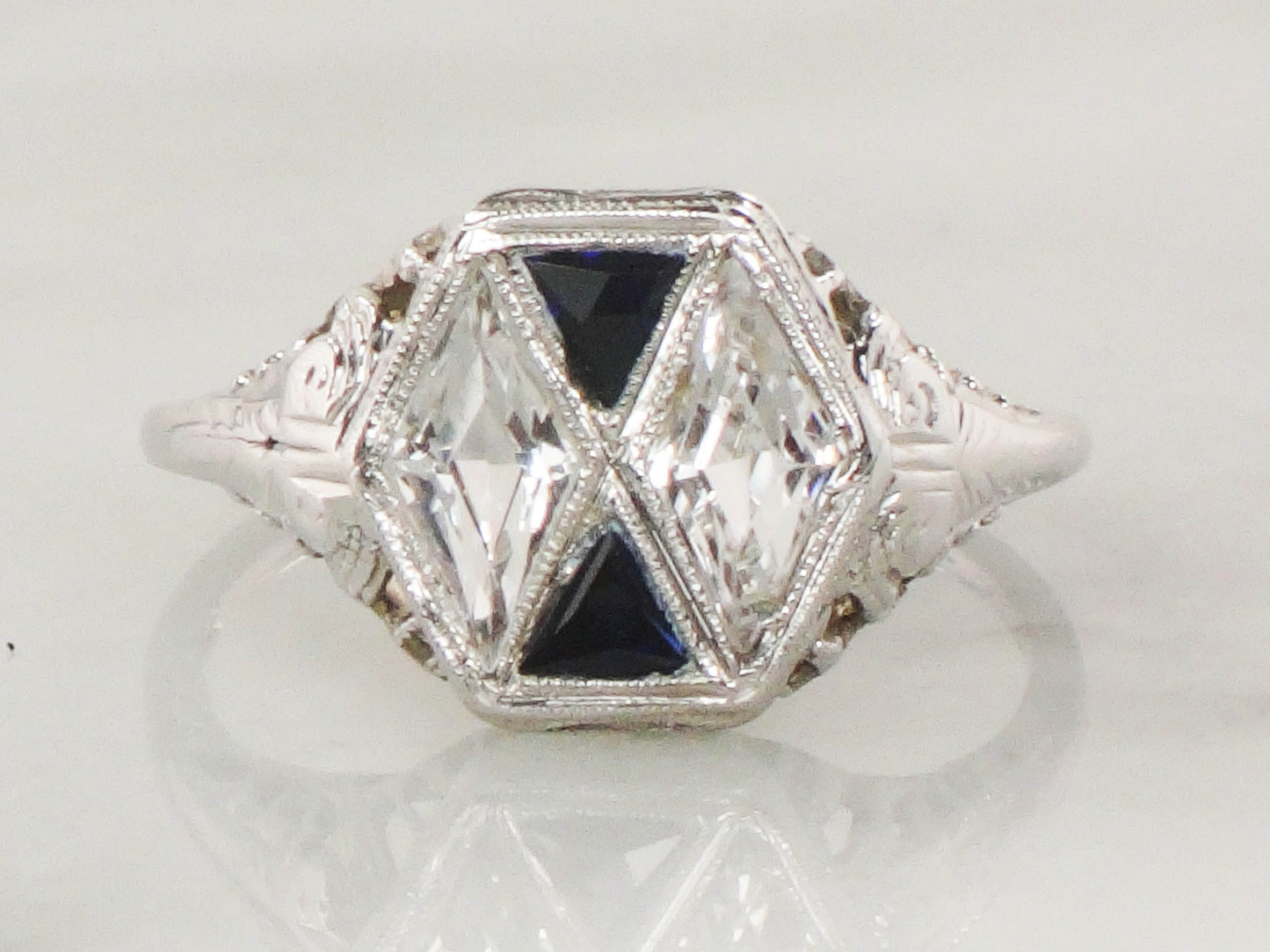 Art Deco 18k White Gold White and Blue Sapphire Ring - Filigree Ring Circa 1920's - Size 7.25