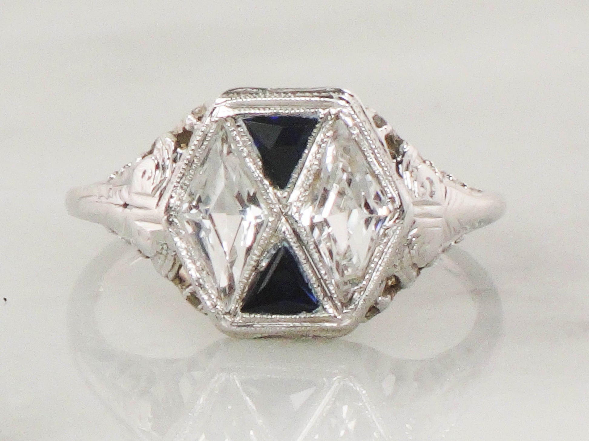 Art Deco 18k White Gold White and Blue Sapphire Ring - Filigree Ring Circa 1920's - Size 7.25