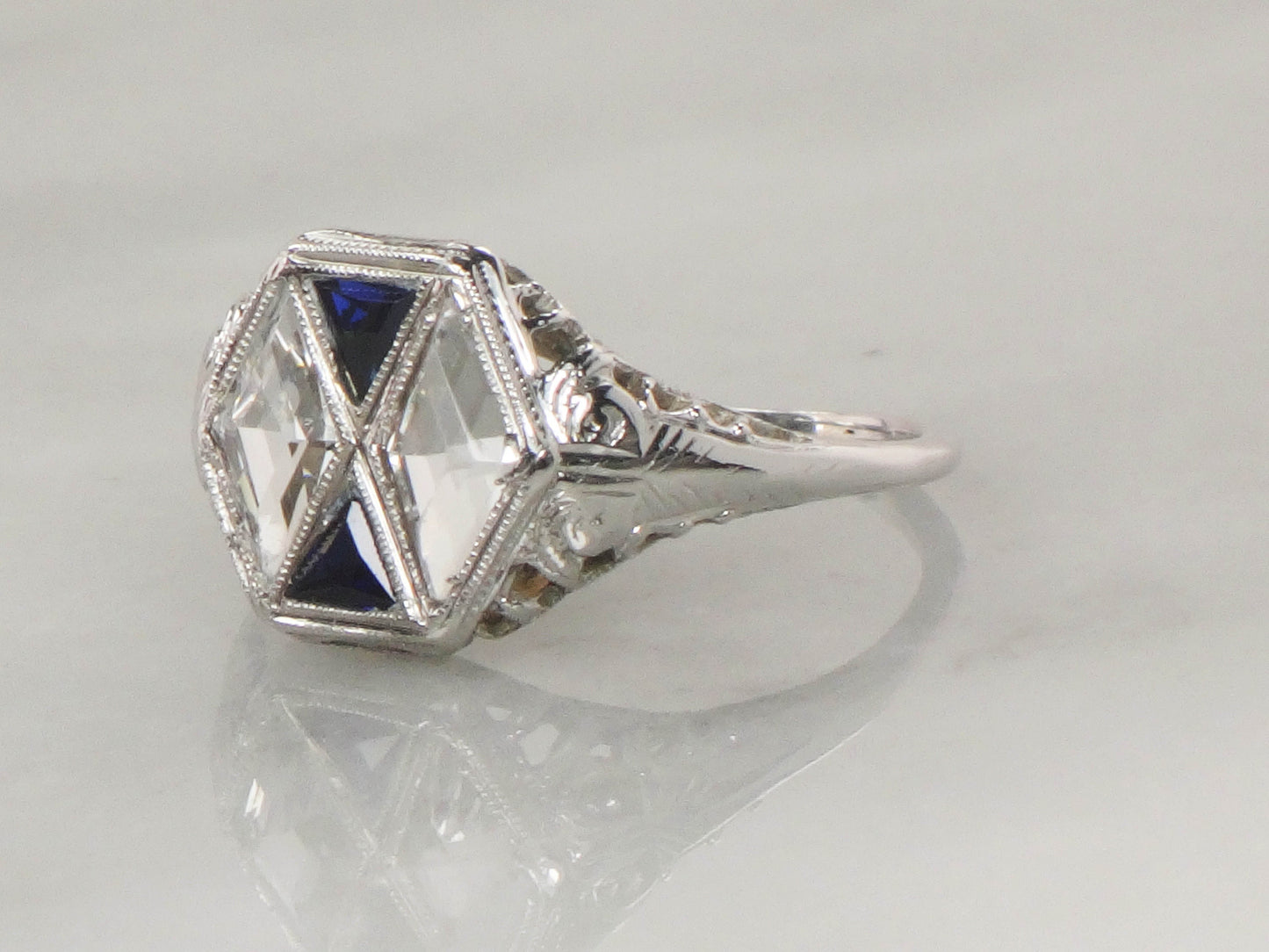 Art Deco 18k White Gold White and Blue Sapphire Ring - Filigree Ring Circa 1920's - Size 7.25