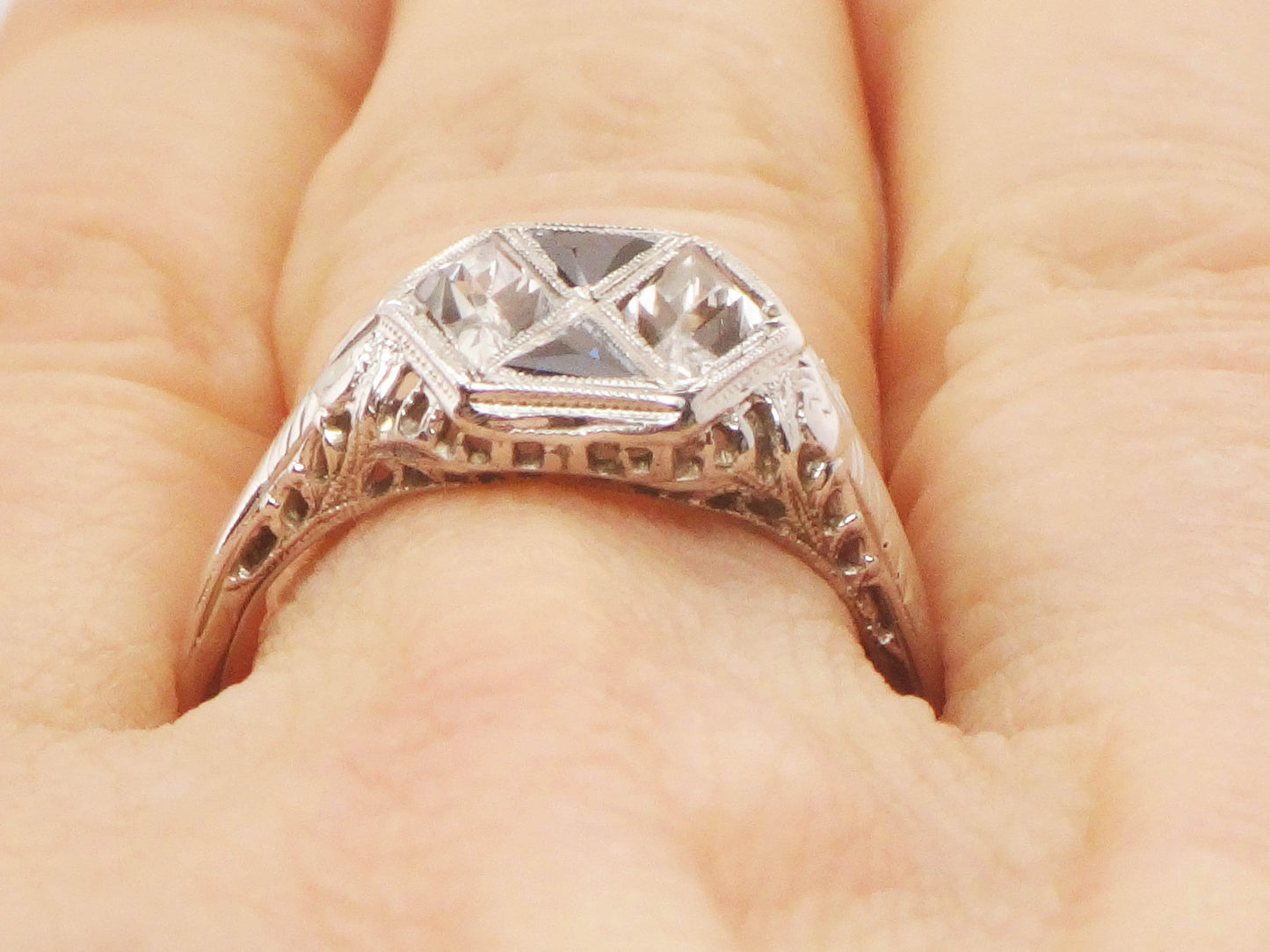 Art Deco 18k White Gold White and Blue Sapphire Ring - Filigree Ring Circa 1920's - Size 7.25