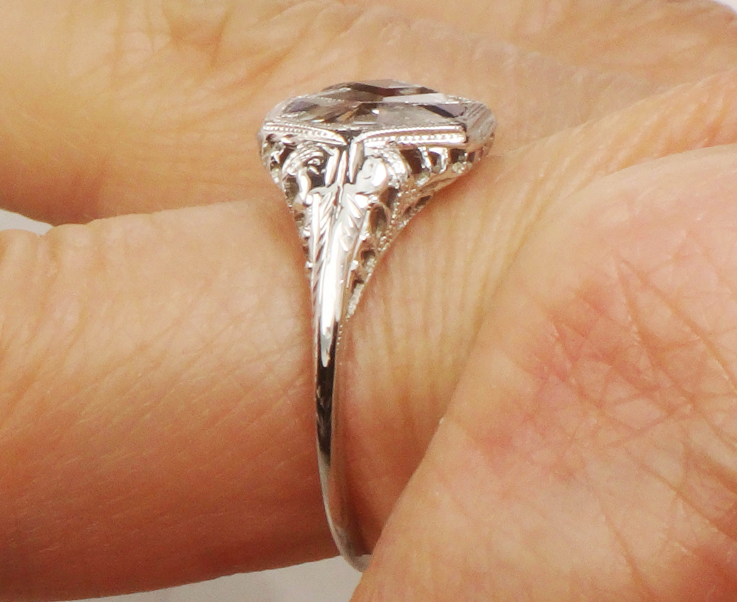 Art Deco 18k White Gold White and Blue Sapphire Ring - Filigree Ring Circa 1920's - Size 7.25