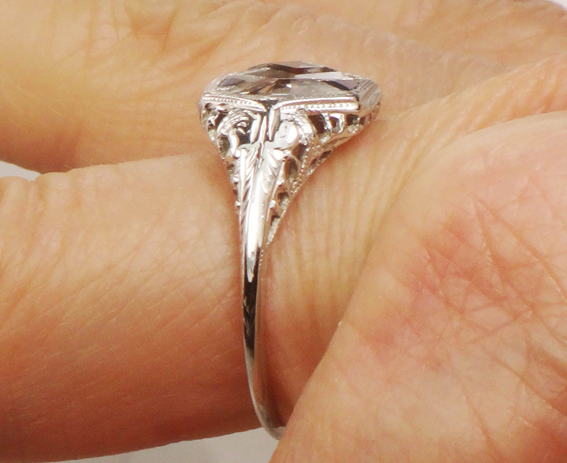 Art Deco 18k White Gold White and Blue Sapphire Ring - Filigree Ring Circa 1920's - Size 7.25