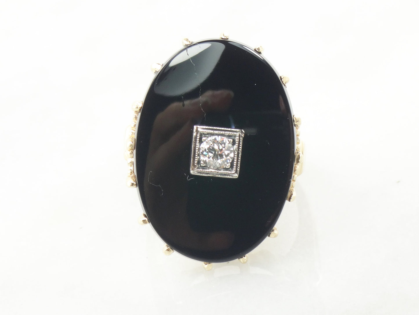 Vintage Art Deco 14k Yellow Gold Black Onyx and Diamond Ring, .20 CT European Cut Natural Diamond Size 8.75