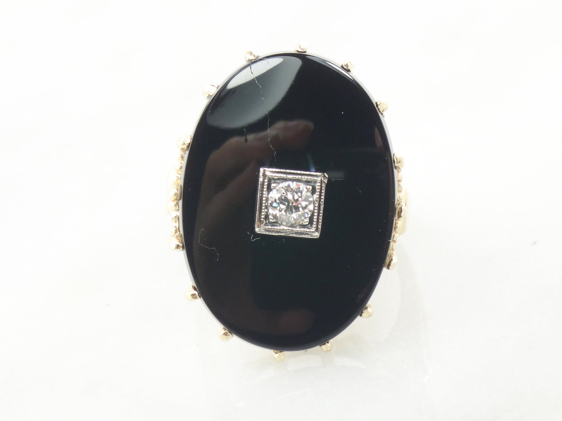 Vintage Art Deco 14k Yellow Gold Black Onyx and Diamond Ring, .20 CT European Cut Natural Diamond Size 8.75