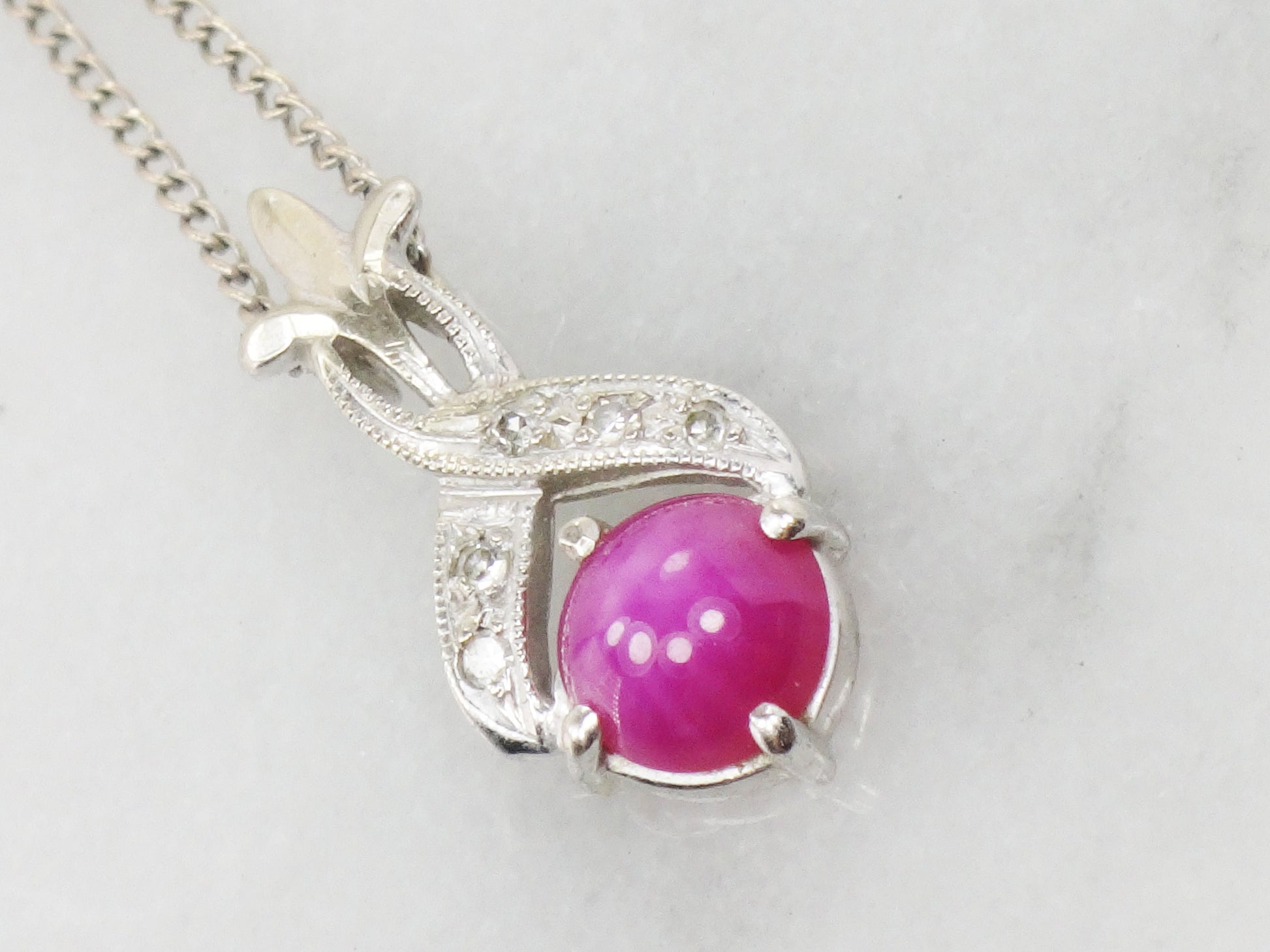 Vintage 14k White Gold Star Ruby and Diamond Pendant Necklace, Red July Birthstone, 15.25"