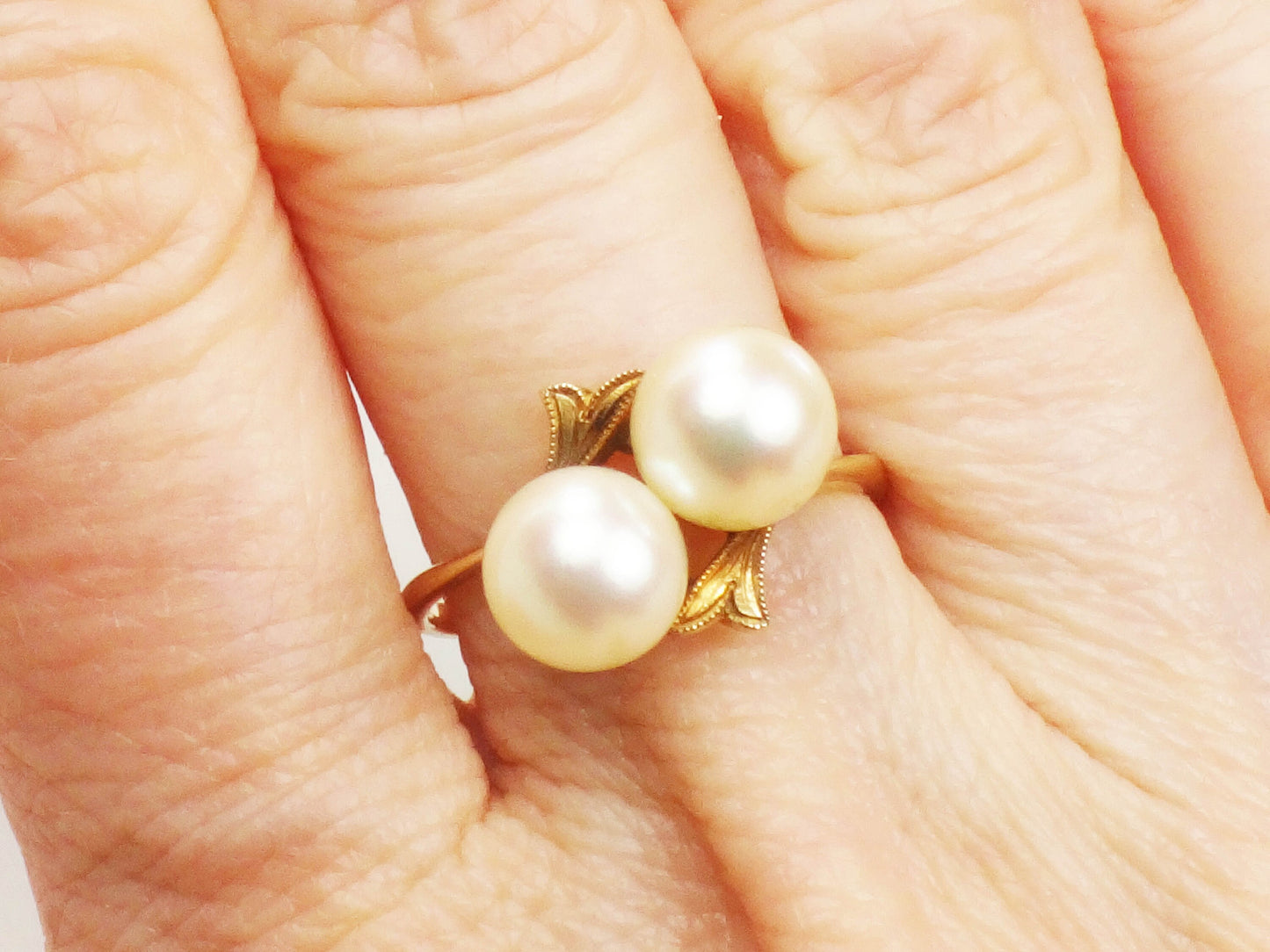 Vintage Mikimoto 14k Yellow Gold Pearl Ring - 7.5 MM Cultured Pearl Crossover Ring - Double Pearl Ring Size 6.25