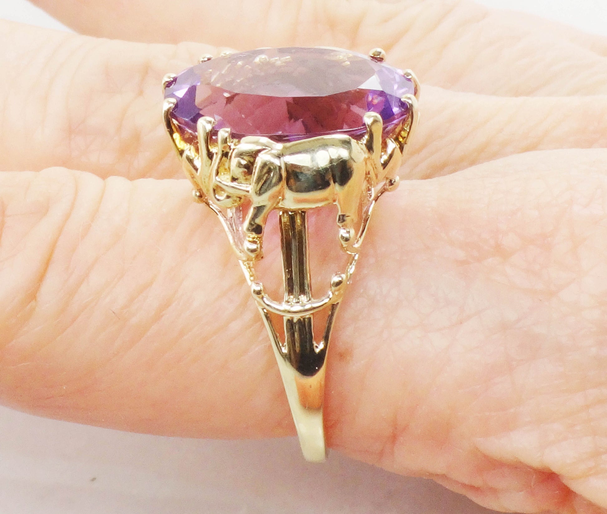 Vintage 10k Gold Amethyst Elephant Ring: February Birthstone, Size 9