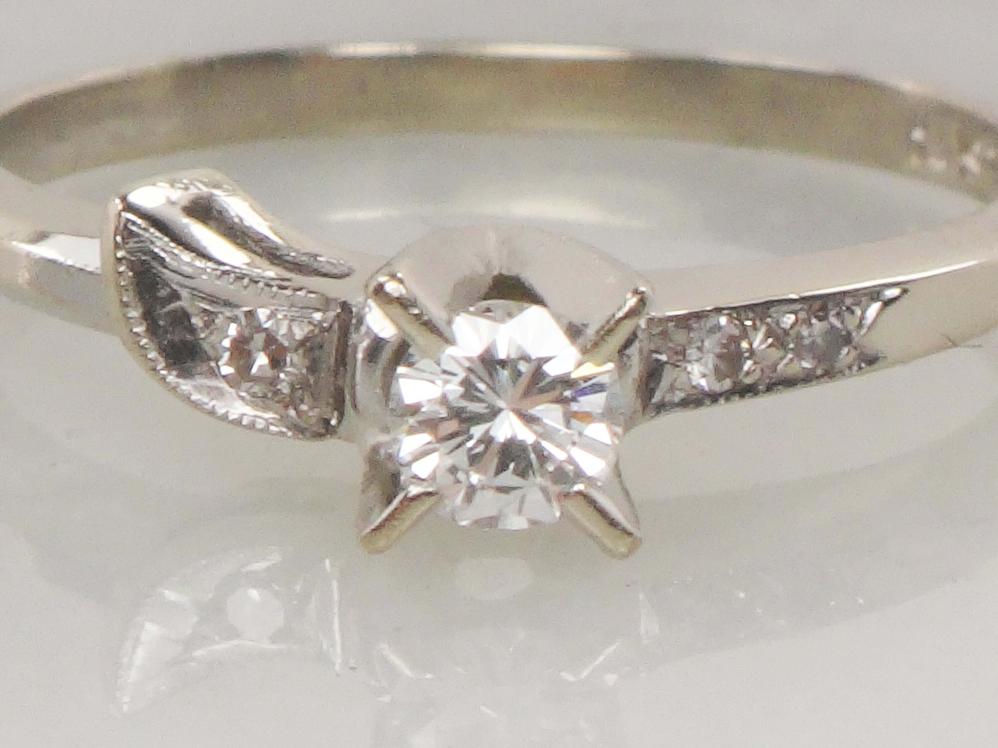Vintage 4k White Gold Natural Diamond Engagement Ring, .16 Carat Round Diamond Size 5 3/4