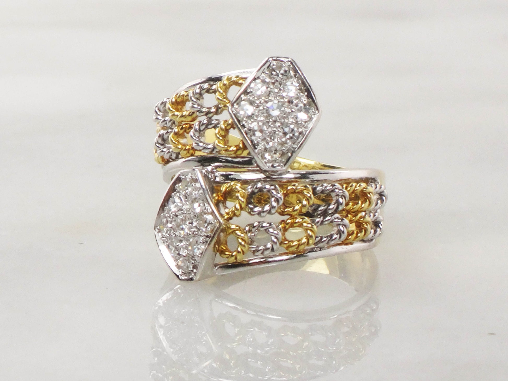 18k Two Tone Gold Natural Diamond Ring 1/3 Carat TDW Wide Band Ring Size 6.5