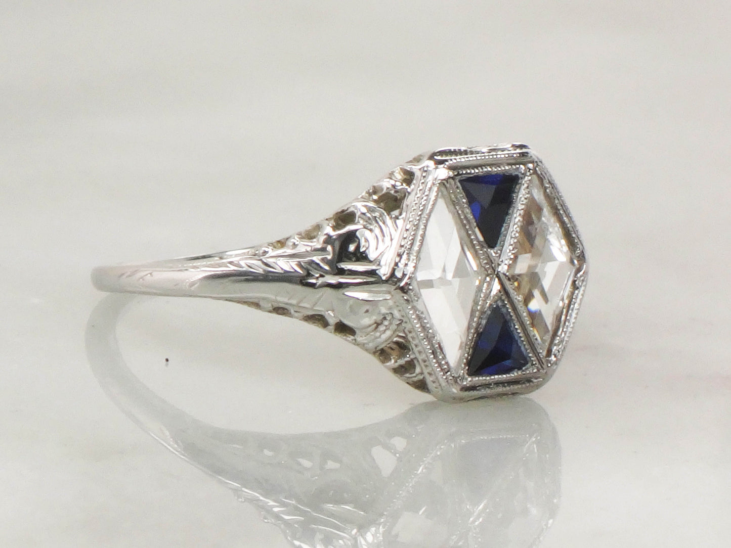 Art Deco 18k White Gold White and Blue Sapphire Ring - Filigree Ring Circa 1920's - Size 7.25