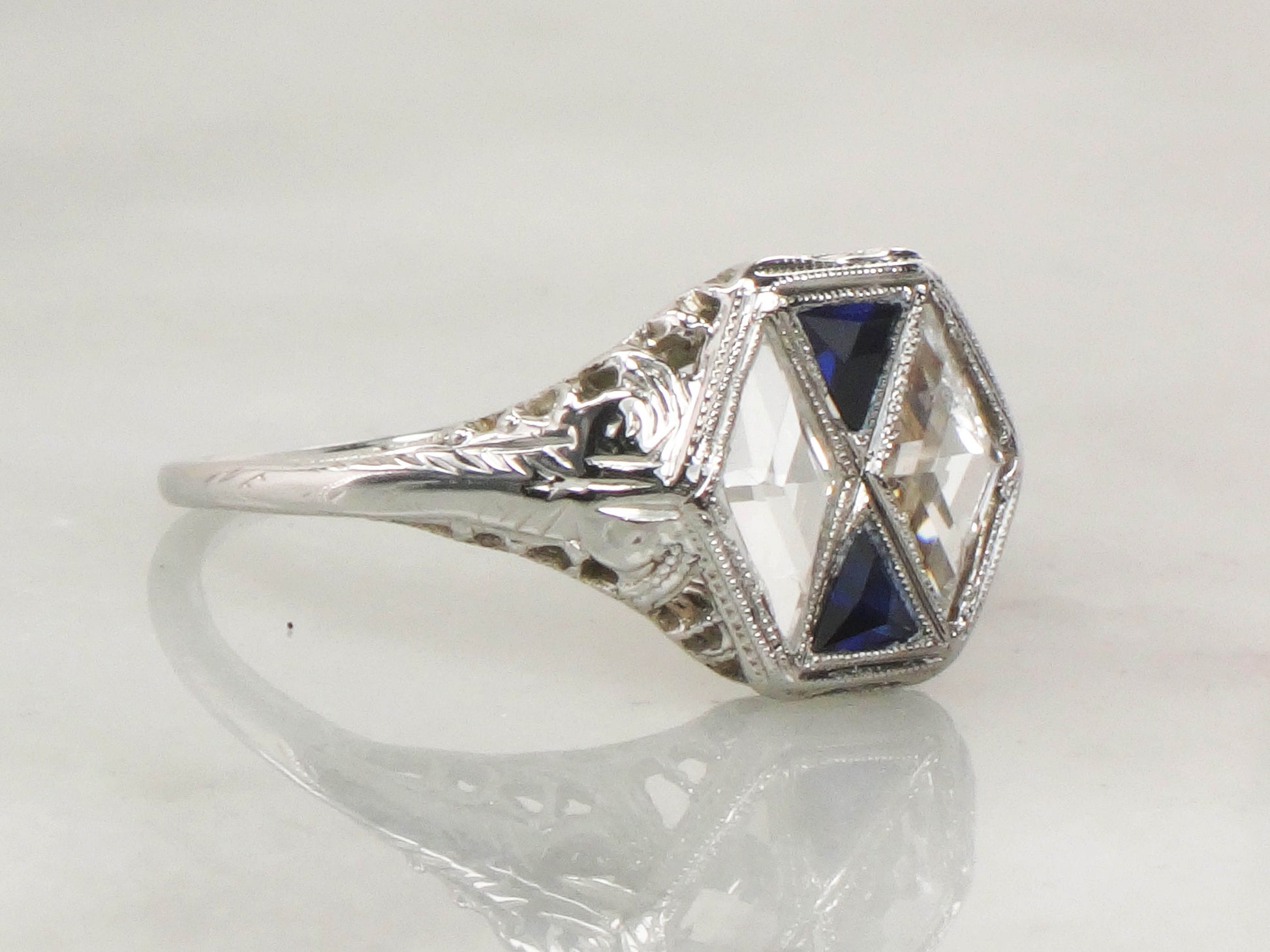 Art Deco 18k White Gold White and Blue Sapphire Ring - Filigree Ring Circa 1920's - Size 7.25