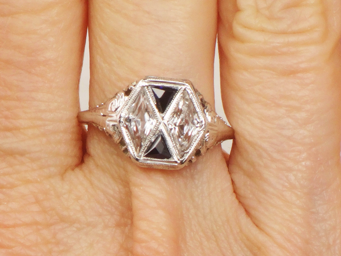 Art Deco 18k White Gold White and Blue Sapphire Ring - Filigree Ring Circa 1920's - Size 7.25