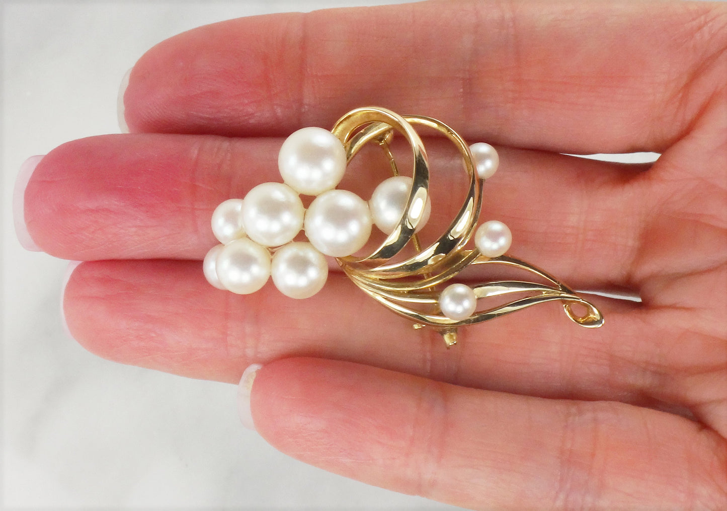 Vintage Mikimoto 14k Cultured Pearl Pin Yellow Gold Pearl Brooch Japanese Cultured Pearl Swirl Cluster Pin Bridal Pin