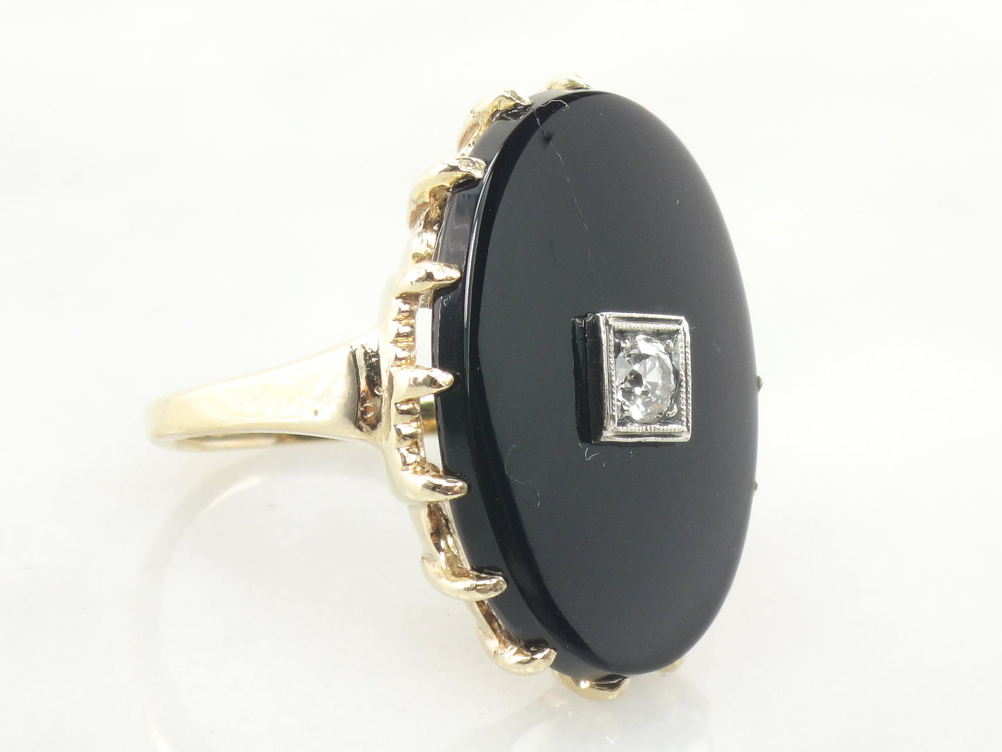 Vintage Art Deco 14k Yellow Gold Black Onyx and Diamond Ring, .20 CT European Cut Natural Diamond Size 8.75