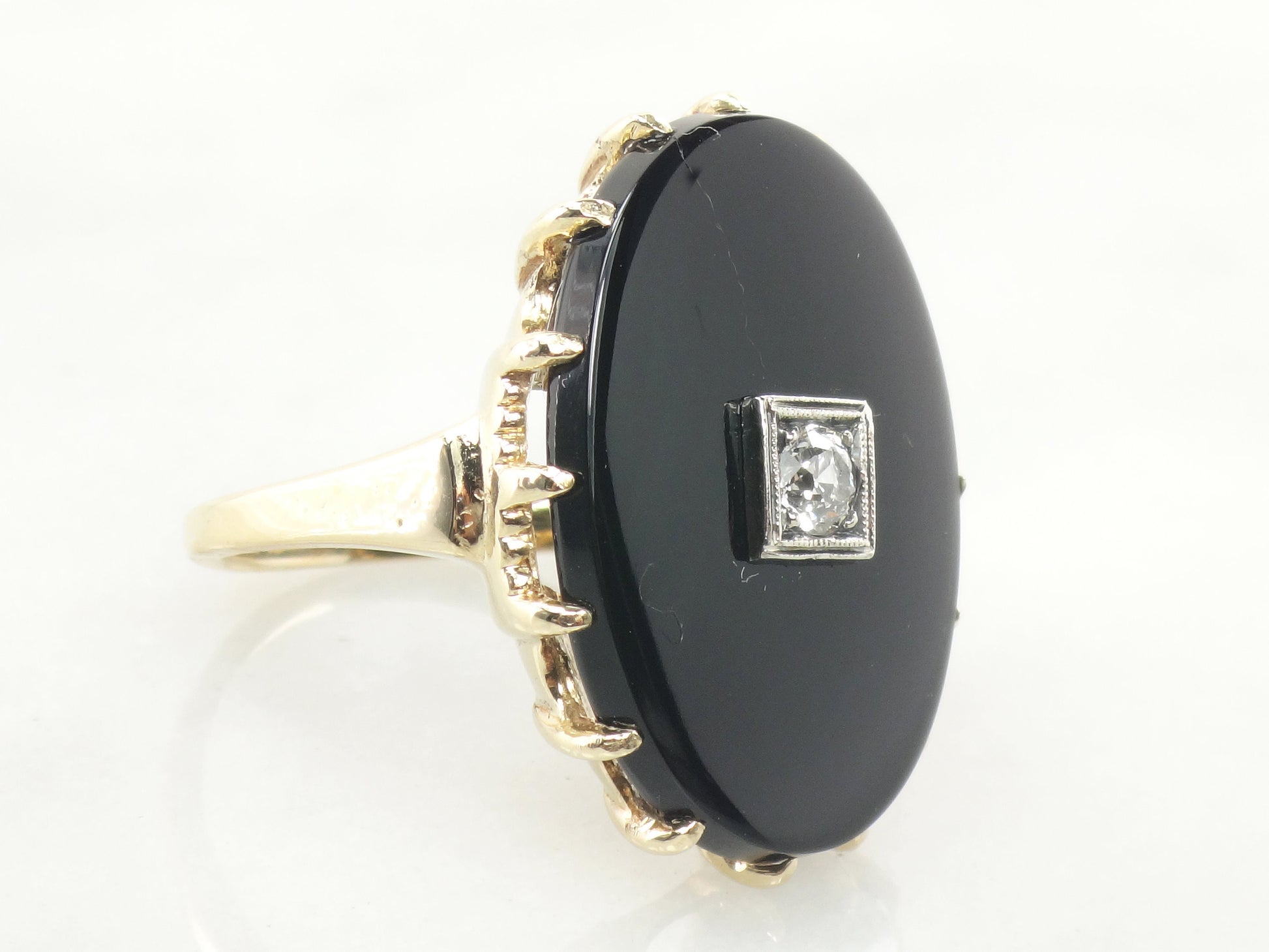 Vintage Art Deco 14k Yellow Gold Black Onyx and Diamond Ring, .20 CT European Cut Natural Diamond Size 8.75